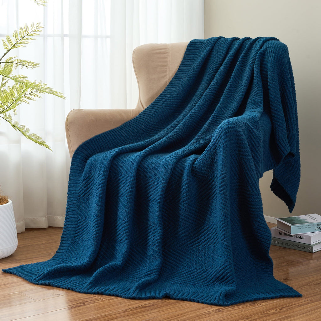 Lightweight Warm Soft Knitted Throw Blanket 50" x 60" Navy Blue, Boho Chevron Farmhouse Throw for Bed Couch - Super Soft Reversible Sherpa Flannel Blanket Detail