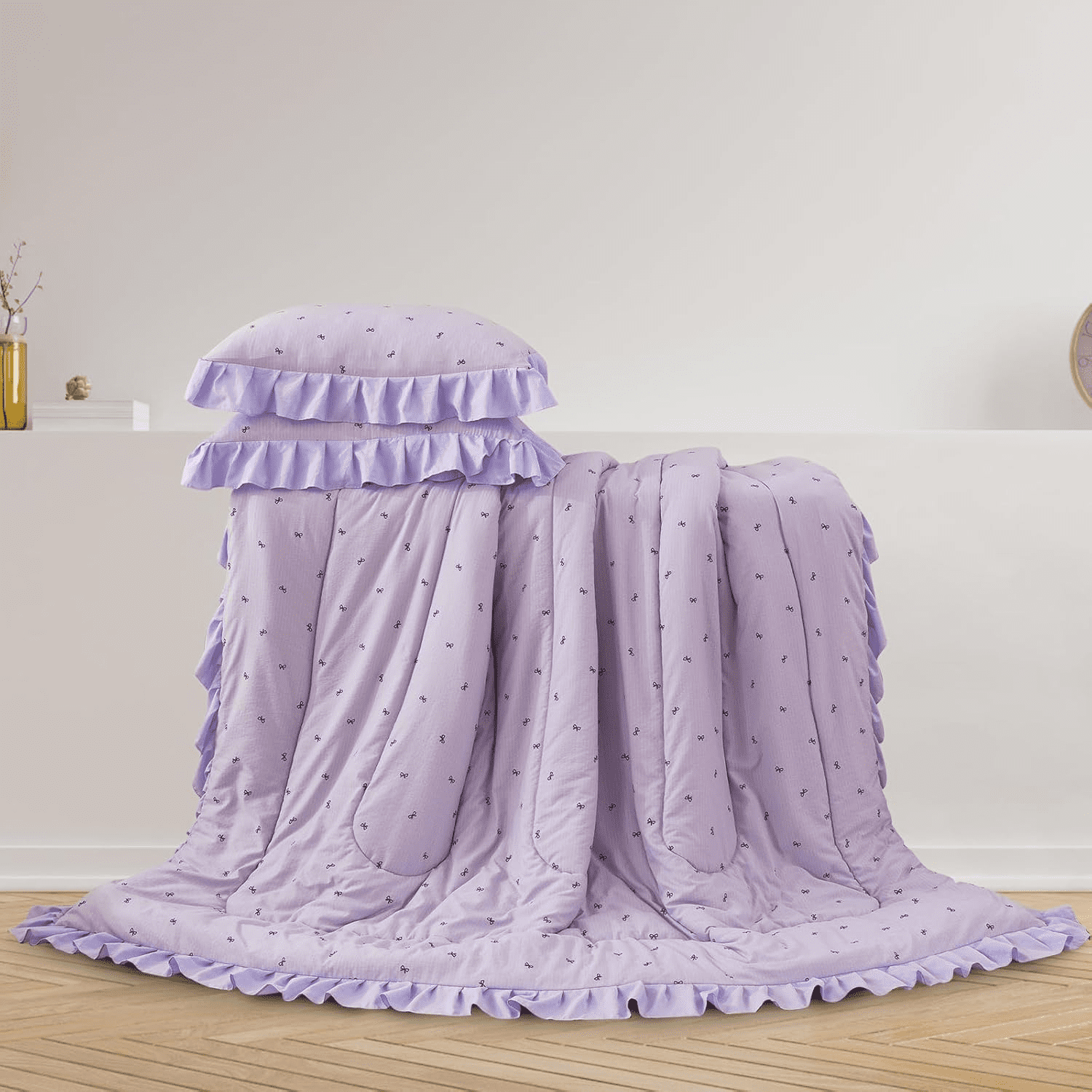 Fluffy Down Alternative 6 Piece Delicate Bows Purple Bedding Set Ruffle Princess Style Comforter Set Bed in a Bag - Luxurious Quilted Duvet Cover Set Detail