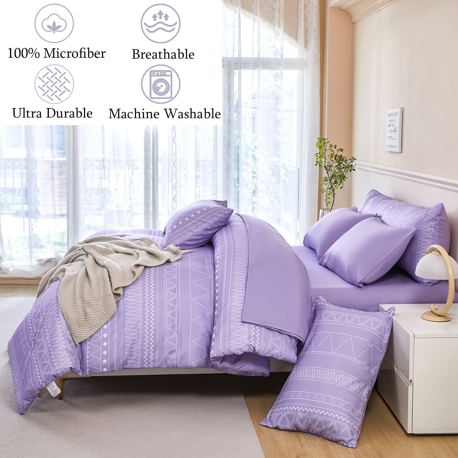 Hypoallergenic Cloud 8-Pieces Boho Bedding Set Full Lavender Striped Bed in a Bag for Girls Women Soft Fluffy Purple Comforter Set with Sh... - Luxurious Quilted Duvet Cover Set Detail