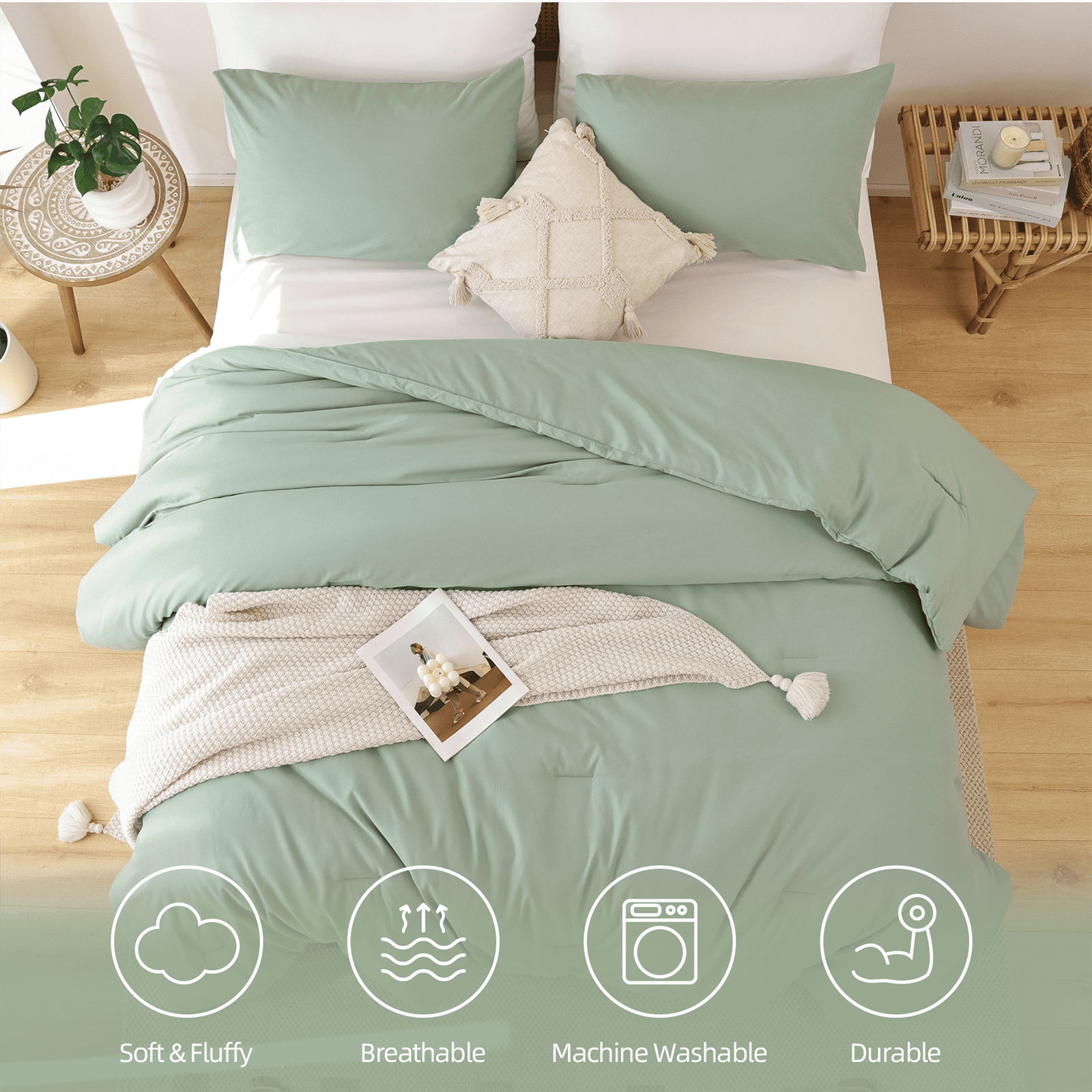 All-Season Queen Comforter Set For Adult, 3 Piece Sage Green Comforter Sets & Bedding For All Season - Cloud-Like Soft Lightweight Bed Comforter Detail