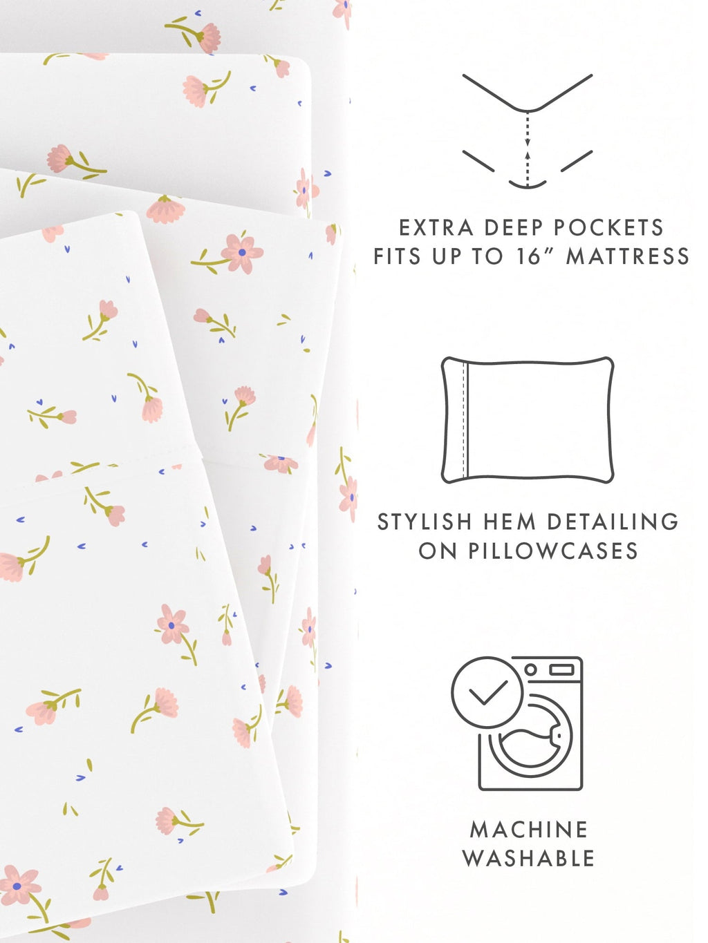 Wrinkle-Resistant Ultra Soft & Breathable Wrinkle Free Bed Sheets Set - Floral Pink Farmhouse Patterned for Twin Size Bedding - Cooling Hotel Quality Bedding Sheets and Pillowcases Detail