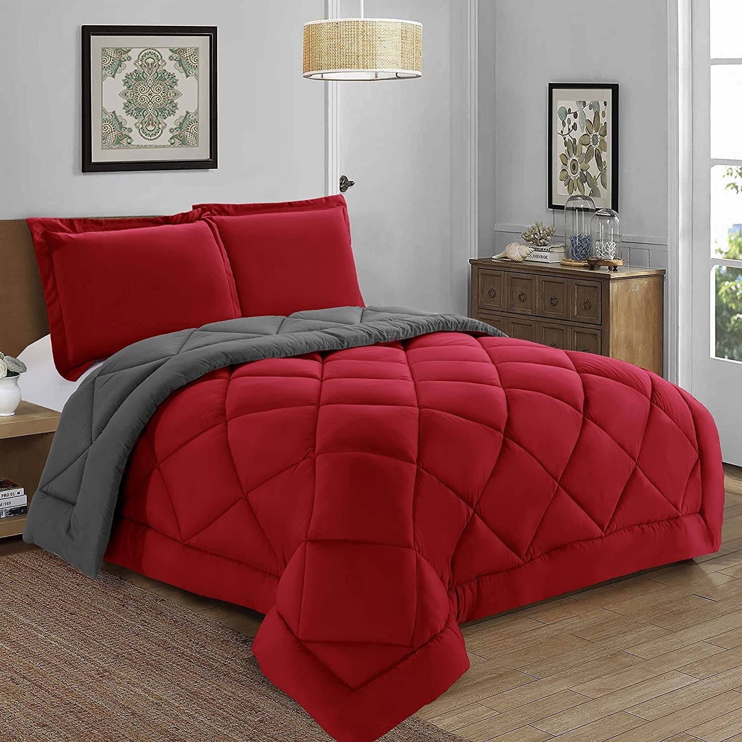 Hypoallergenic Cloud Reversible 3pc Comforter Set- Available In A Few Sizes And Colors , Full/Queen, Red/Gray - Luxurious Quilted Duvet Cover Set Detail