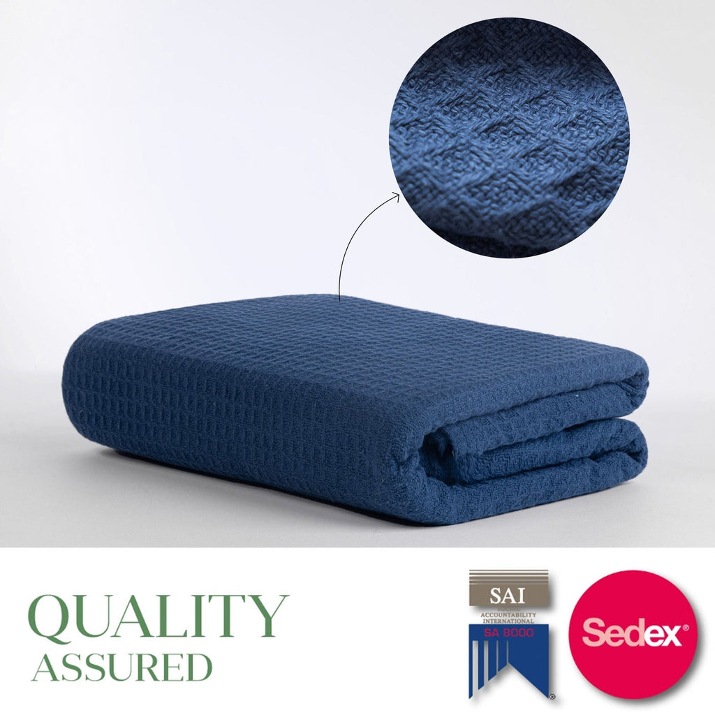 Lightweight Warm Twin Waffle Throw Blanket for Couch (68" x 92"), 100% Cotton Throw Blankets for Bed, Waffle Blanket for Bed (Navy) - Super Soft Reversible Sherpa Flannel Blanket Detail
