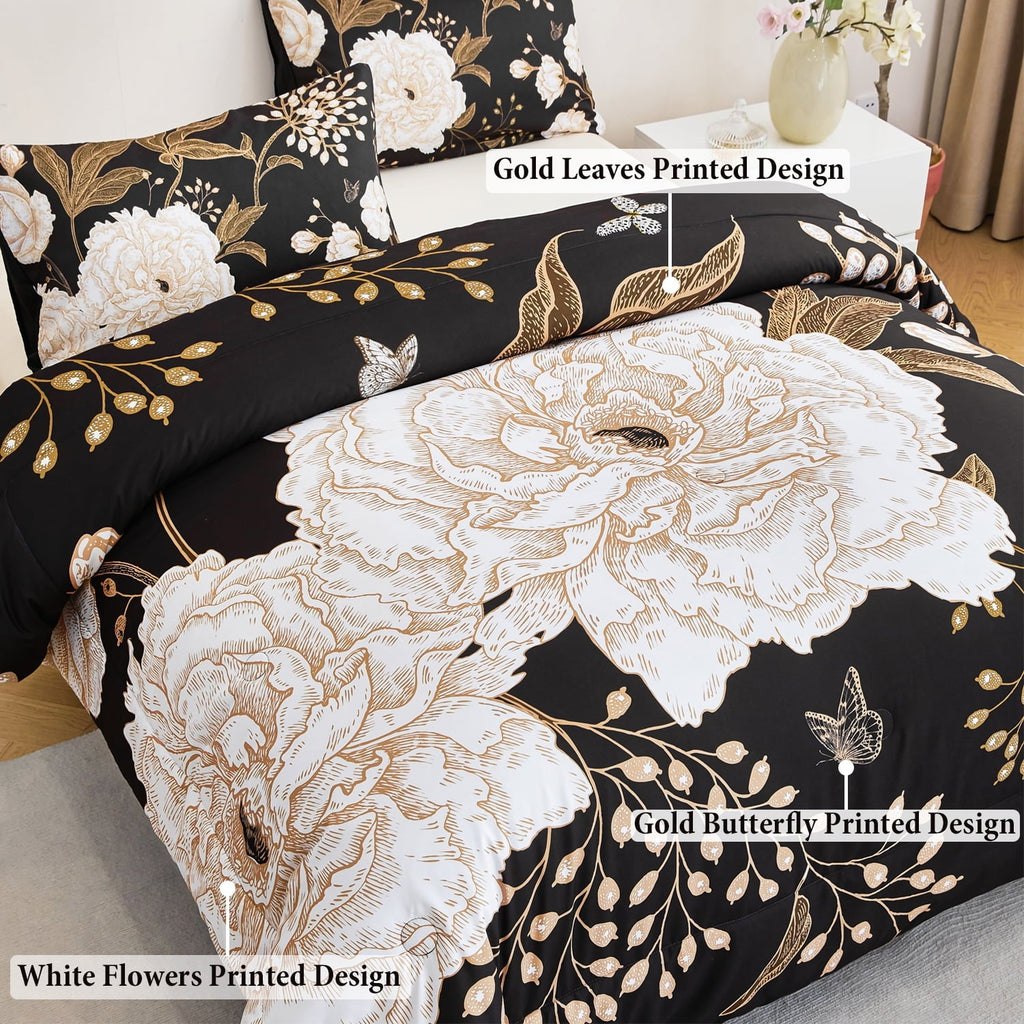 Heavyweight Warmth Black Floral Comforter Set Queen, Printed Comforter White Flowers Butterfly Bedding Set, 3 Pieces Botanical Reversibl... - All-Season Down Alternative Comforter Insert Detail