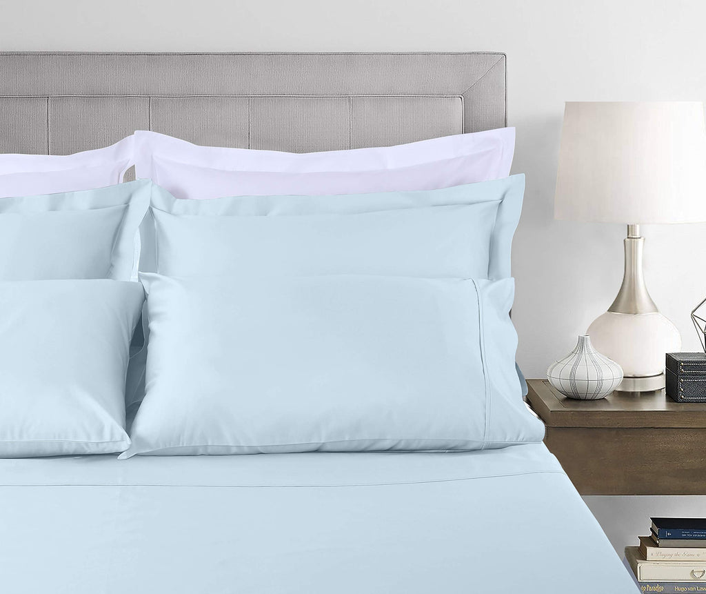 Ultra-Soft 100% Cotton King Bed Sheets Set - 4-Piece, 300 Thread Count, Lightweight Sateen, Light Blue - Breathable Egyptian Cotton Flat & Fitted Sheets Detail