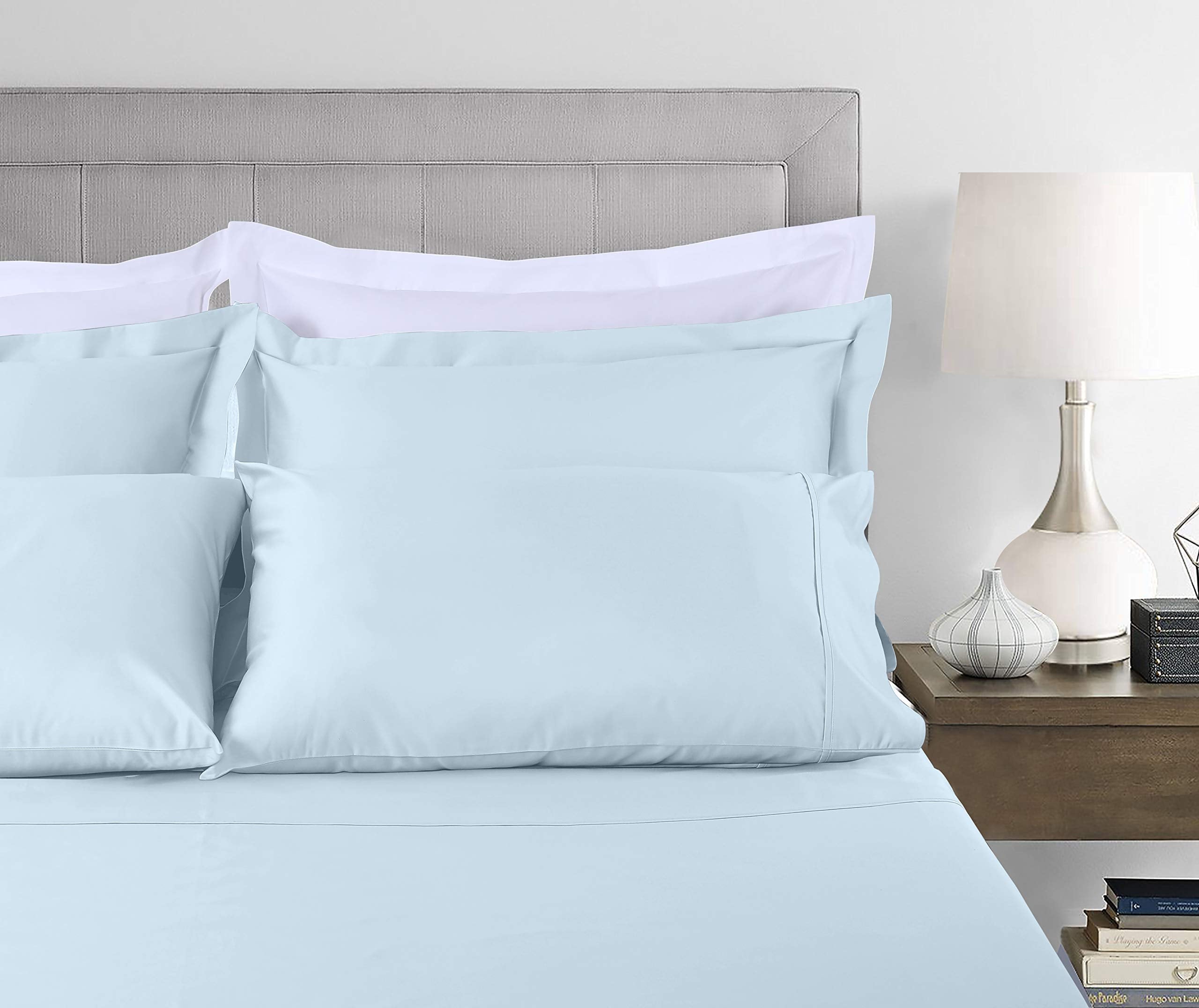 Ultra-Soft 100% Cotton King Bed Sheets Set - 4-Piece, 300 Thread Count, Lightweight Sateen, Light Blue - Breathable Egyptian Cotton Flat & Fitted Sheets Detail