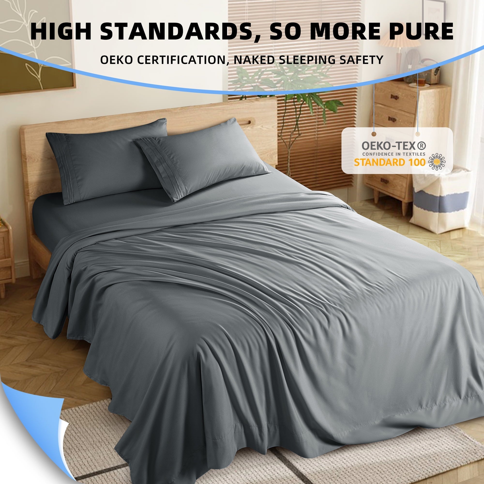 Wrinkle-Resistant Shilucheng 4 Pieces Luxury Bed Sheets Set, Plush Microfiber Bed Sheets, 16" Deep Pocket, Queen, Dark Gray - Breathable Egyptian Cotton Flat & Fitted Sheets Detail
