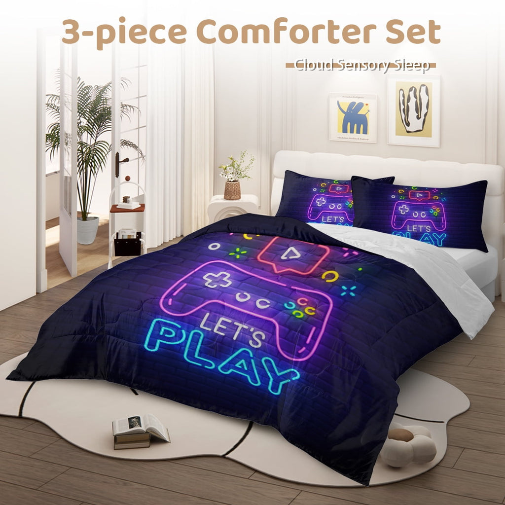 Luxurious Quilted Gaming Comforter Set for Boys, 3-Piece Abstract Neon Kids Bedding Sets Twin Size - Hypoallergenic Ultra-Fluffy Quilt for Winter Detail