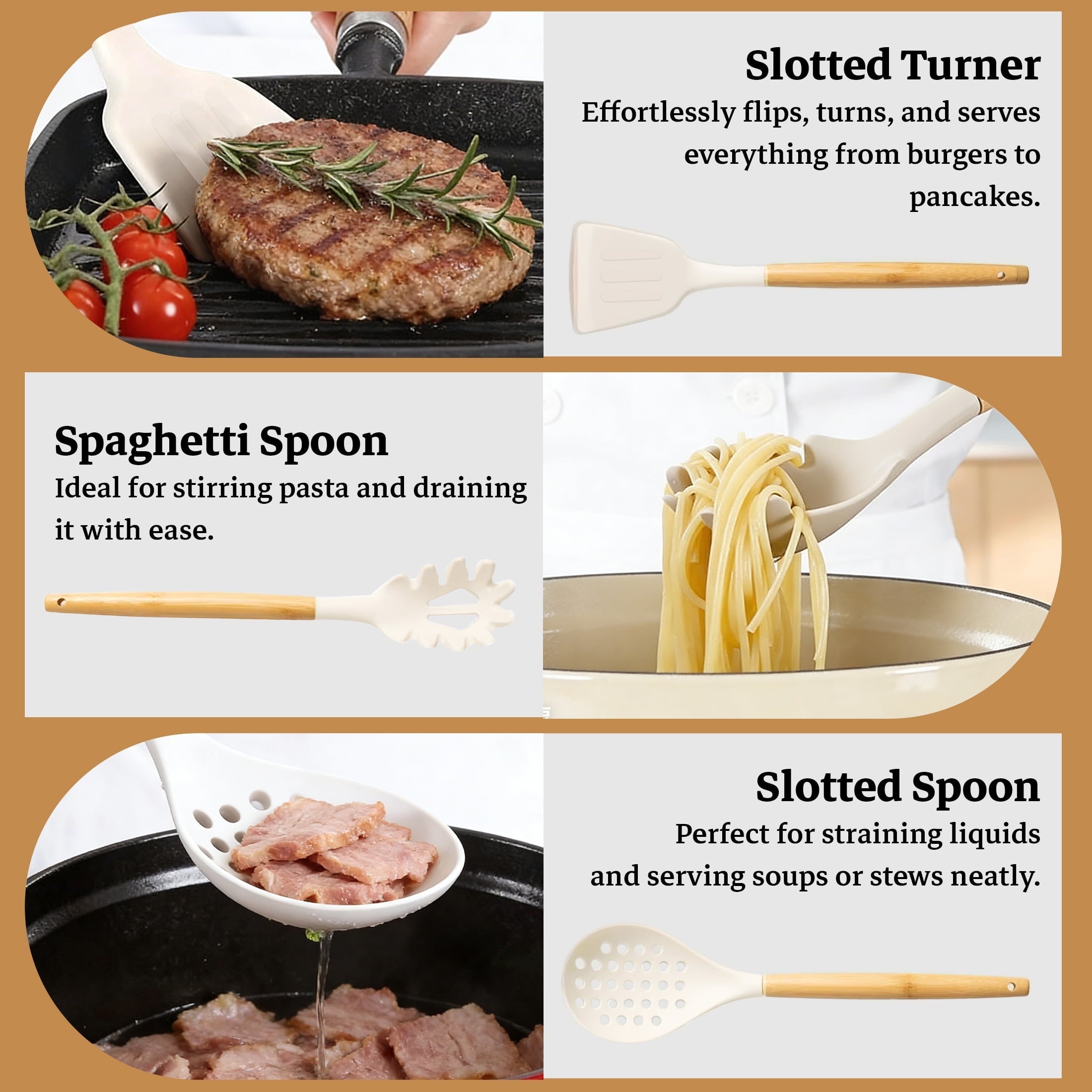 Non-Stick Safe 14-Piece Silicone Cooking Utensils Set, Non-Stick Kitchen Utensil Set for Baking, Flipping, Mixing, White - Durable Turner & Ladle Utensil Set for Home Chefs Detail