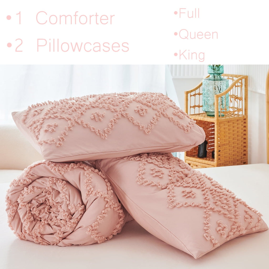 Fluffy Down Alternative Pink Diamond Jacquard Comforter Set Queen 3 Pcs Bohemian Tufts Quilt Set for Kids Girls Adult 100% Soft Microfiber Be... - Luxurious Quilted Duvet Cover Set Detail