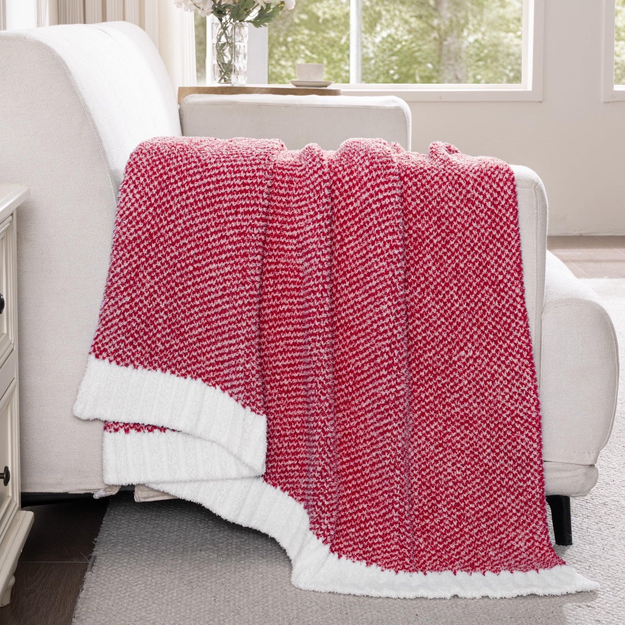 Cozy Fleece Knit Throw Blanket, Ultra Soft Cozy Fluffy Blankets, Lightweight Fuzzy Plush Throw for Couch and Bed, Mixed Red, 50"x60" - Super Soft Reversible Sherpa Flannel Blanket Detail