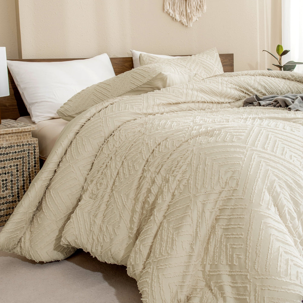 Luxurious Quilted King Size Comforter Sets Beige - 3 Pieces Cream Boho Bedding Comforter Set for King Bed - Soft Fluffy Tufted Textured... - Luxurious Quilted Duvet Cover Set Detail