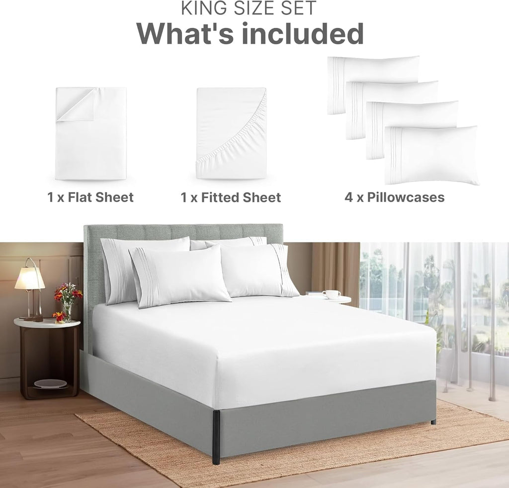 Premium Egyptian Cotton 6-Piece Extra Deep Pocket Sheet Set With Extra Matching Pillowcases - King Size Bed Sheets Fits 18"-24" Ma... - Cooling Hotel Quality Bedding Sheets and Pillowcases Detail