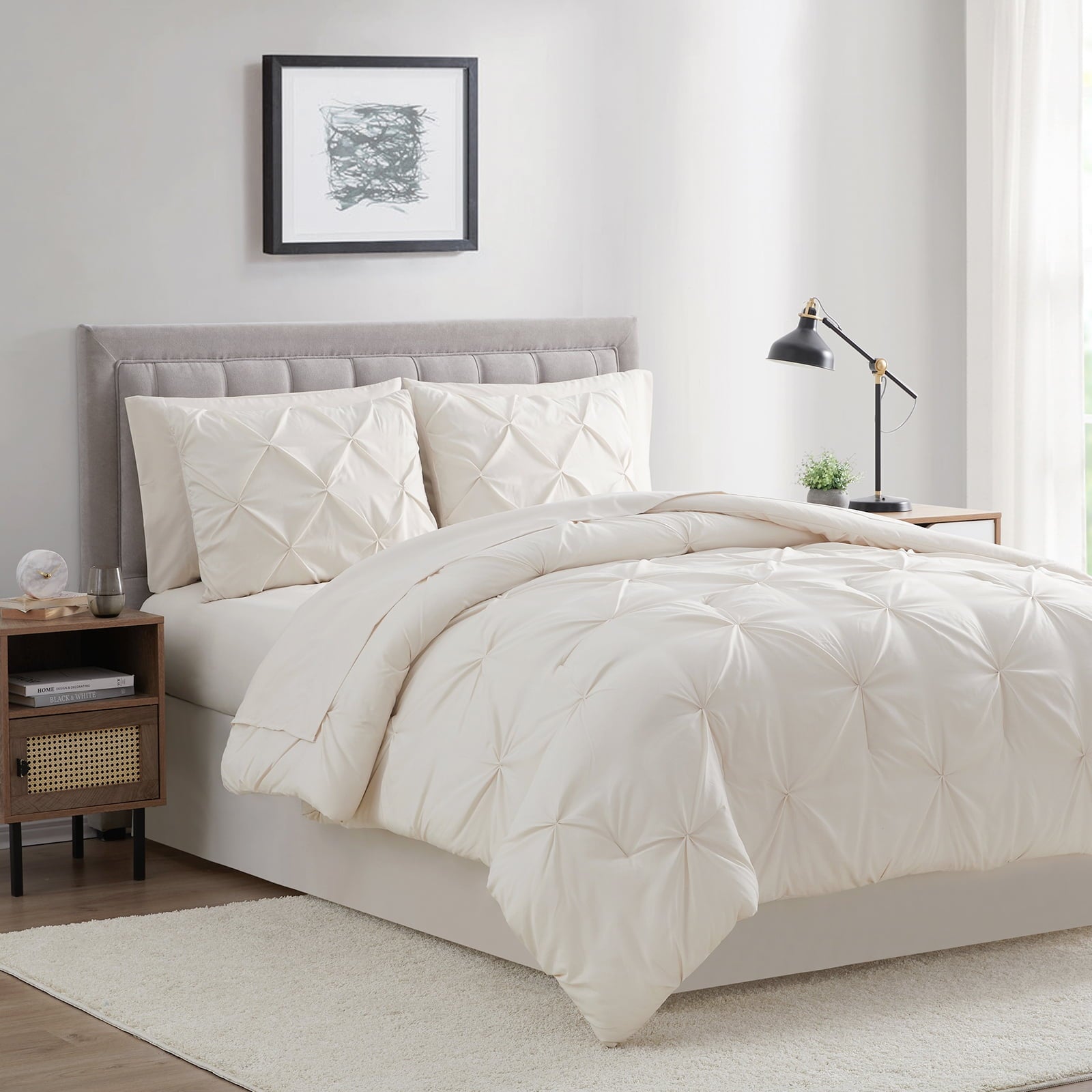Heavyweight Warmth Comforter Set, 3-Piece, Queen, Pleated Wrinkle-Resistant Microfiber Bedding, Ivory, All-Season - Cloud-Like Soft Lightweight Bed Comforter Detail