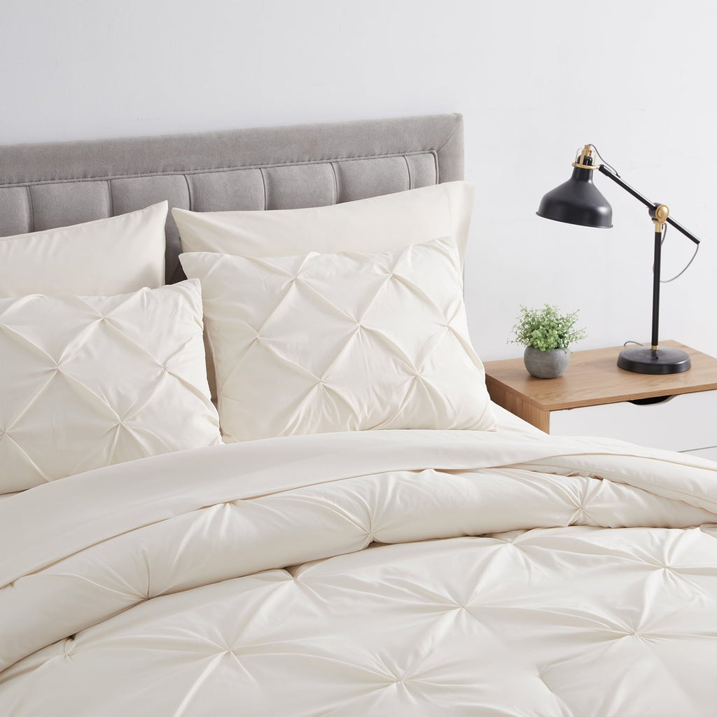 Heavyweight Warmth Comforter Set, 3-Piece, Queen, Pleated Wrinkle-Resistant Microfiber Bedding, Ivory, All-Season - Cloud-Like Soft Lightweight Bed Comforter Detail