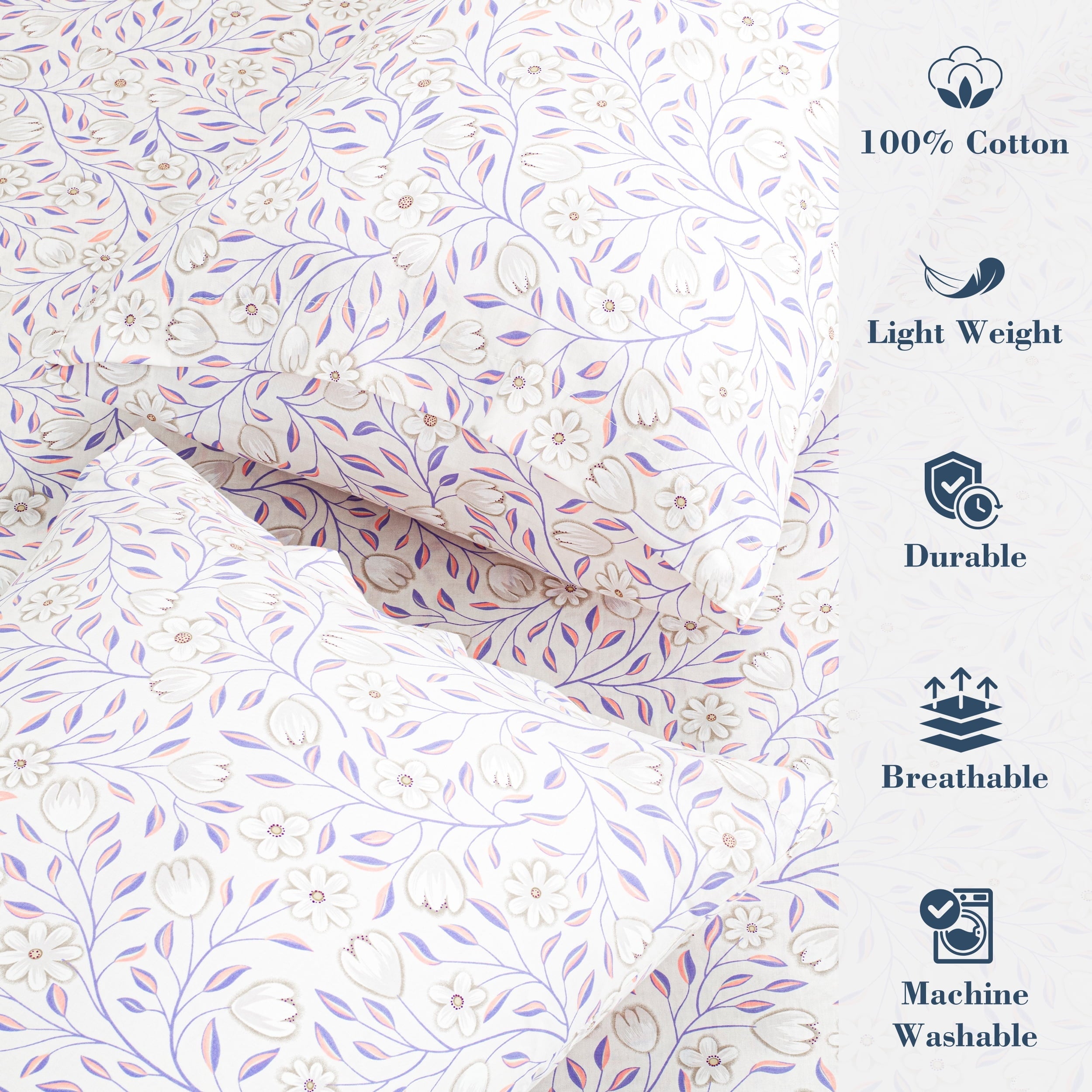 Ultra-Soft 100% Cotton Full Size Sheets,4 Piece Pure Percale Bed Sheets Set Deep Pocket Fits Mattress Upto 15",floral vine pattern - Premium Ultra-Soft Pillowcase Pair for Sleeping Detail