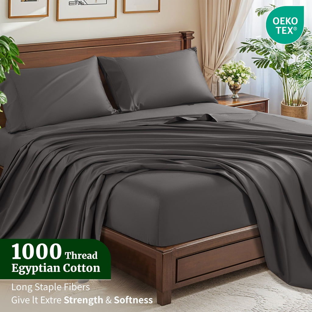 Cooling Sateen 100% Cotton Bed Sheets Set, 1000 Thread Count 4 Piece Luxury Soft Sheets Set with 16" Deep Pocket, Queen, Dark Gray - Luxury Bed Sheet Set with Deep Pockets Detail