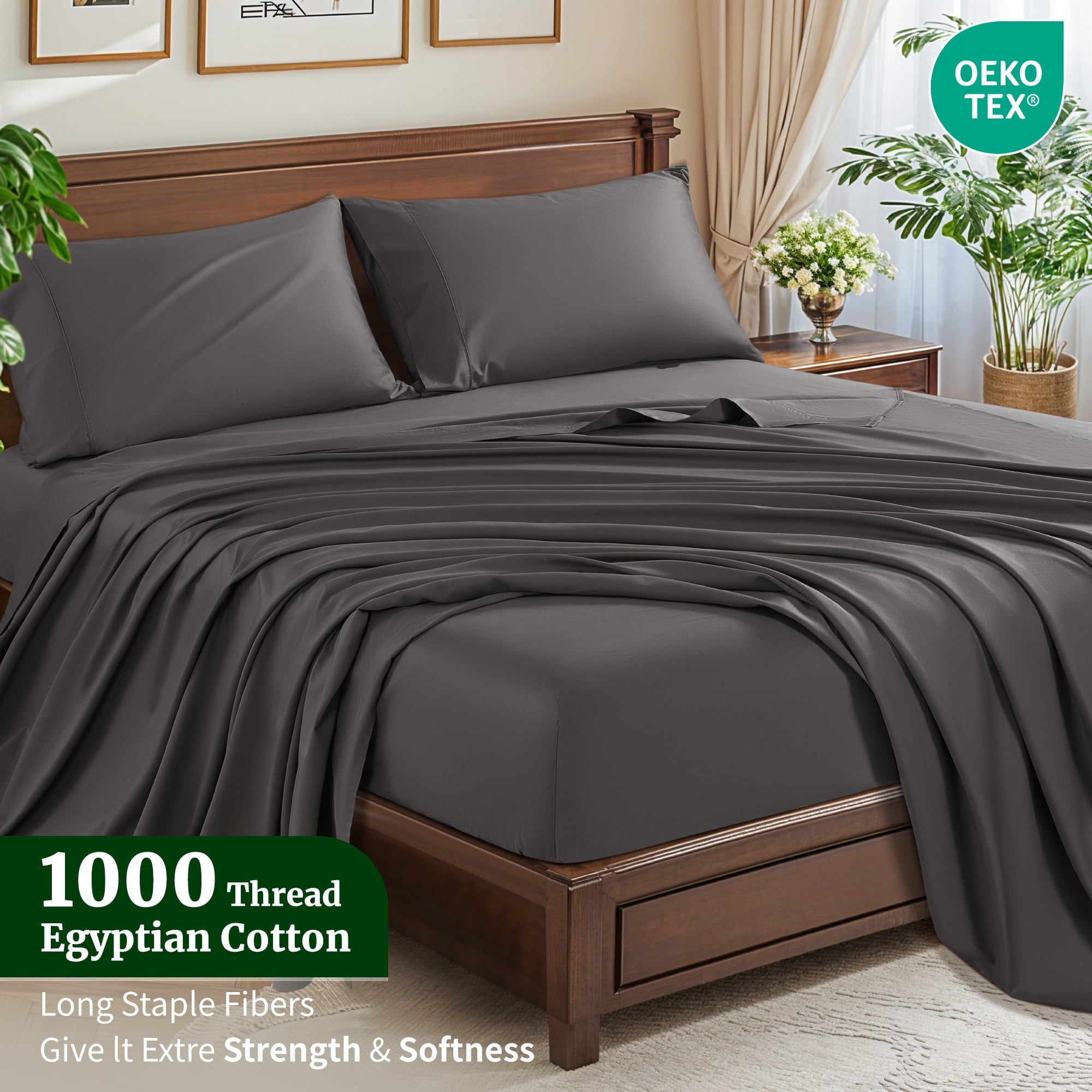 Cooling Sateen 100% Cotton Bed Sheets Set, 1000 Thread Count 4 Piece Luxury Soft Sheets Set with 16" Deep Pocket, Queen, Dark Gray - Luxury Bed Sheet Set with Deep Pockets Detail