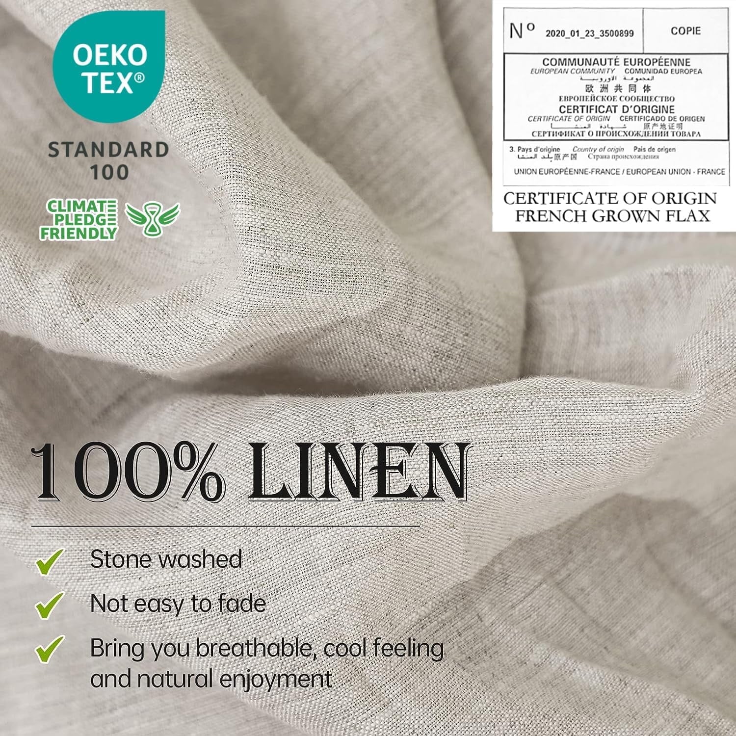 Cooling Sateen 100% Linen Sheet Set Solid Color-4 Pcs Washed French Linen Bed Sheets(1 Flat Sheet,1 Fitted Sheet,2 Pillowcases)-Brea... - Cooling Hotel Quality Bedding Sheets and Pillowcases Detail