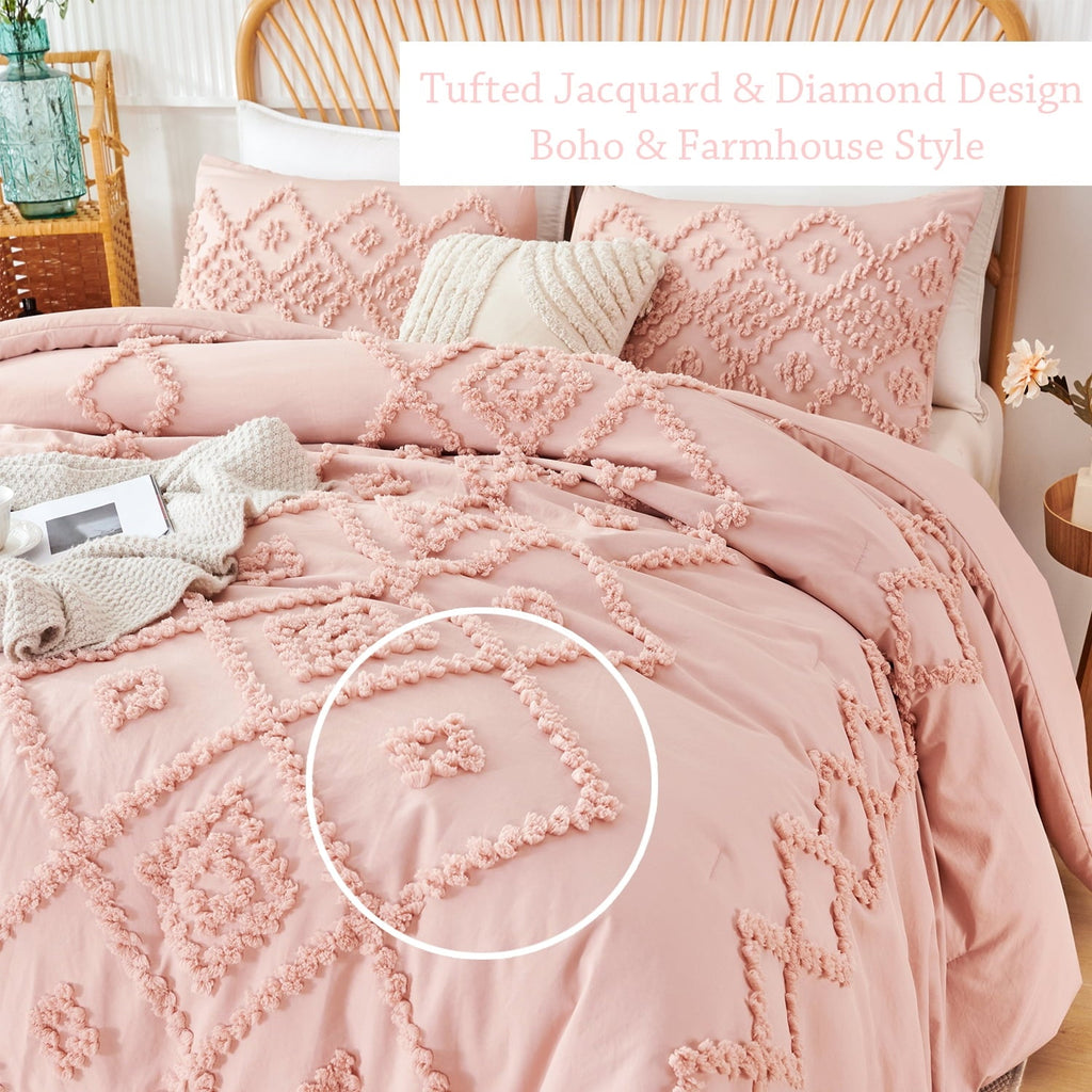 Fluffy Down Alternative Pink Diamond Jacquard Comforter Set Queen 3 Pcs Bohemian Tufts Quilt Set for Kids Girls Adult 100% Soft Microfiber Be... - Luxurious Quilted Duvet Cover Set Detail