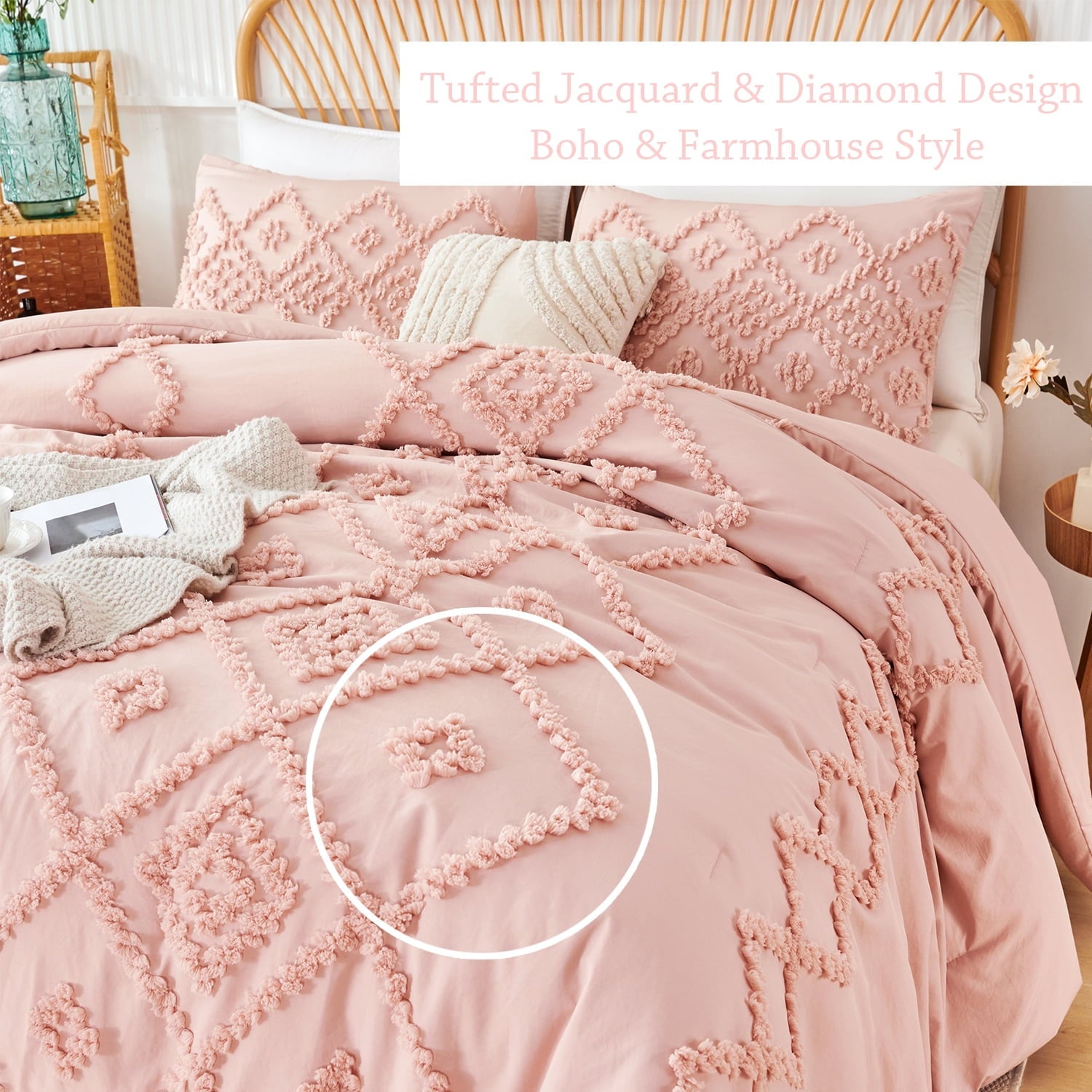 Fluffy Down Alternative Pink Diamond Jacquard Comforter Set Queen 3 Pcs Bohemian Tufts Quilt Set for Kids Girls Adult 100% Soft Microfiber Be... - Luxurious Quilted Duvet Cover Set Detail