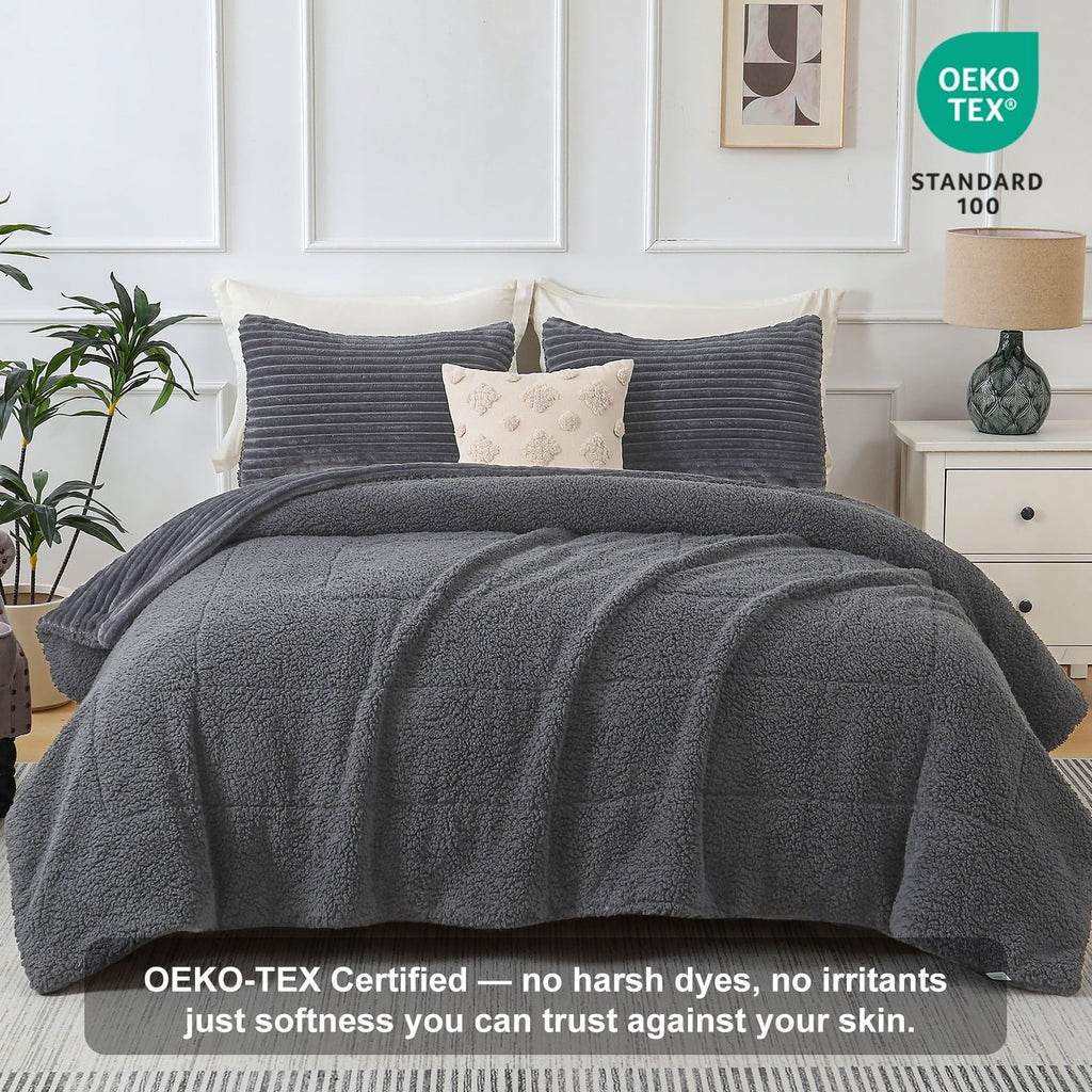 Heavyweight Warmth 3 Piece Fleece Queen Comforter Set - Soft & Warm Fluffy Dark Gray Sherpa Bedding , Fuzzy Heavy Double Sided Design Wi... - Hypoallergenic Ultra-Fluffy Quilt for Winter Detail