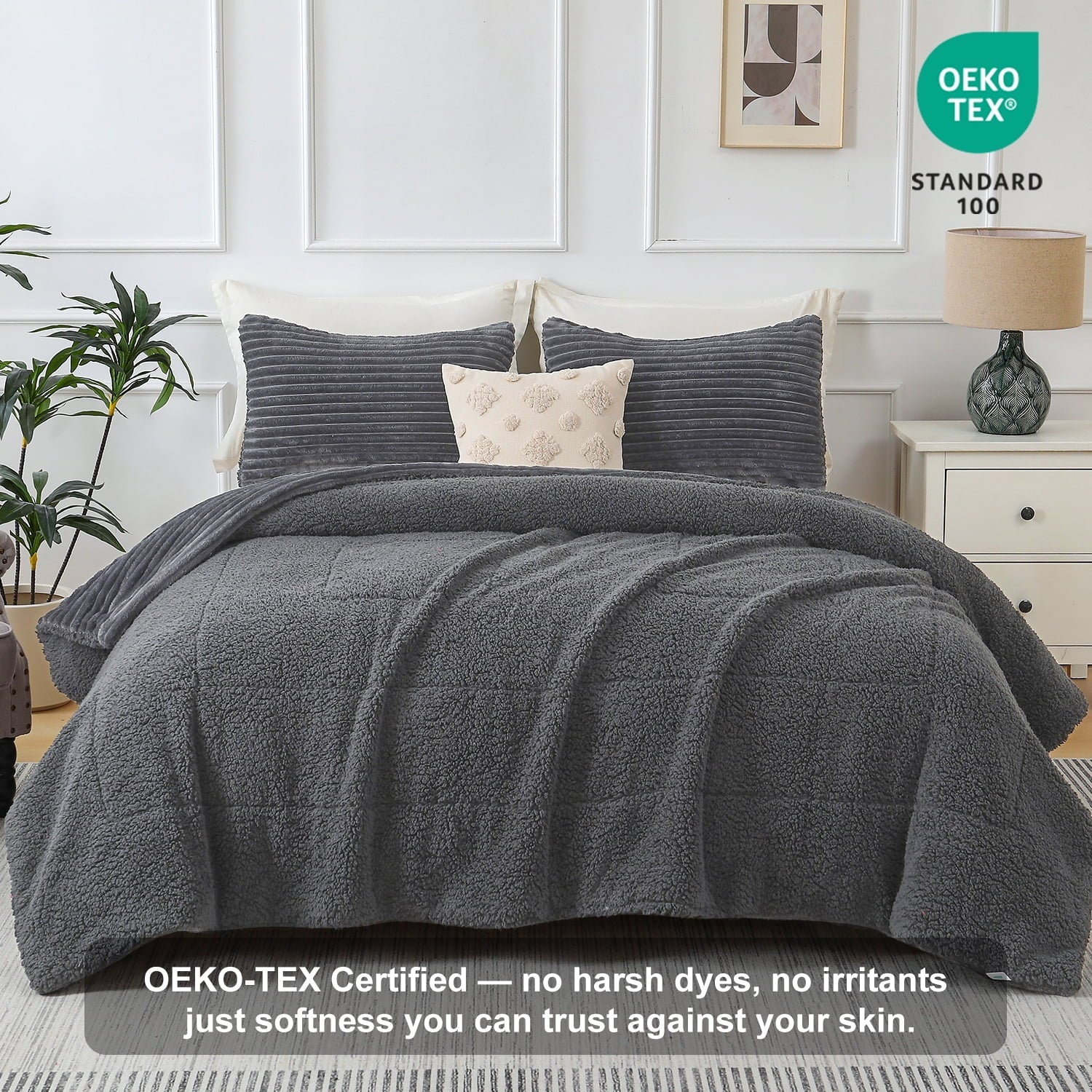 Heavyweight Warmth 3 Piece Fleece Queen Comforter Set - Soft & Warm Fluffy Dark Gray Sherpa Bedding , Fuzzy Heavy Double Sided Design Wi... - Hypoallergenic Ultra-Fluffy Quilt for Winter Detail