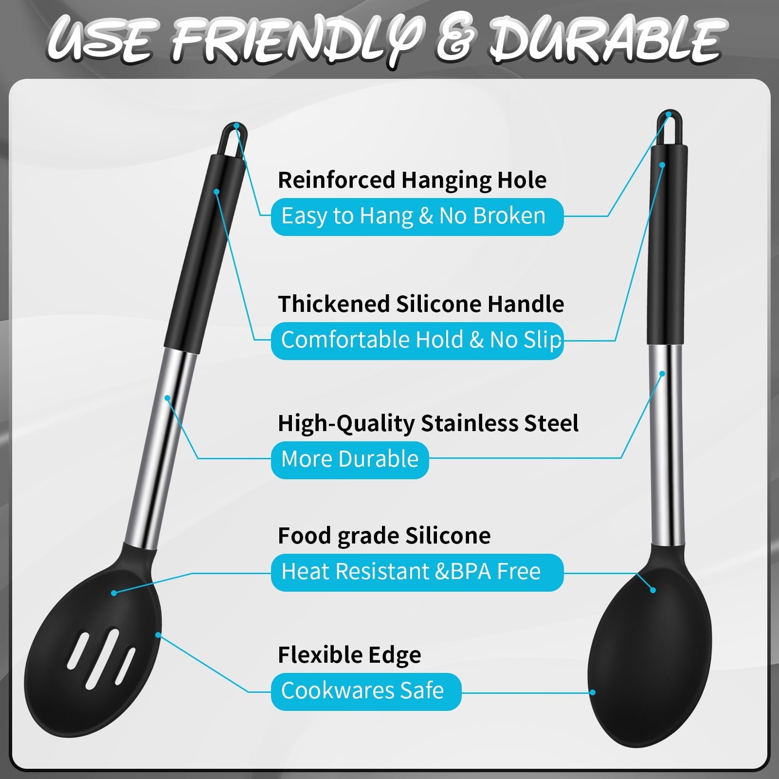 Seamless One-Piece Silicone Cooking Spatulas and Spoons, 4 Pack Heat Resistant Silicone Cooking Utensils Set, Non-stick Large Ki... - Durable Turner & Ladle Utensil Set for Home Chefs Detail