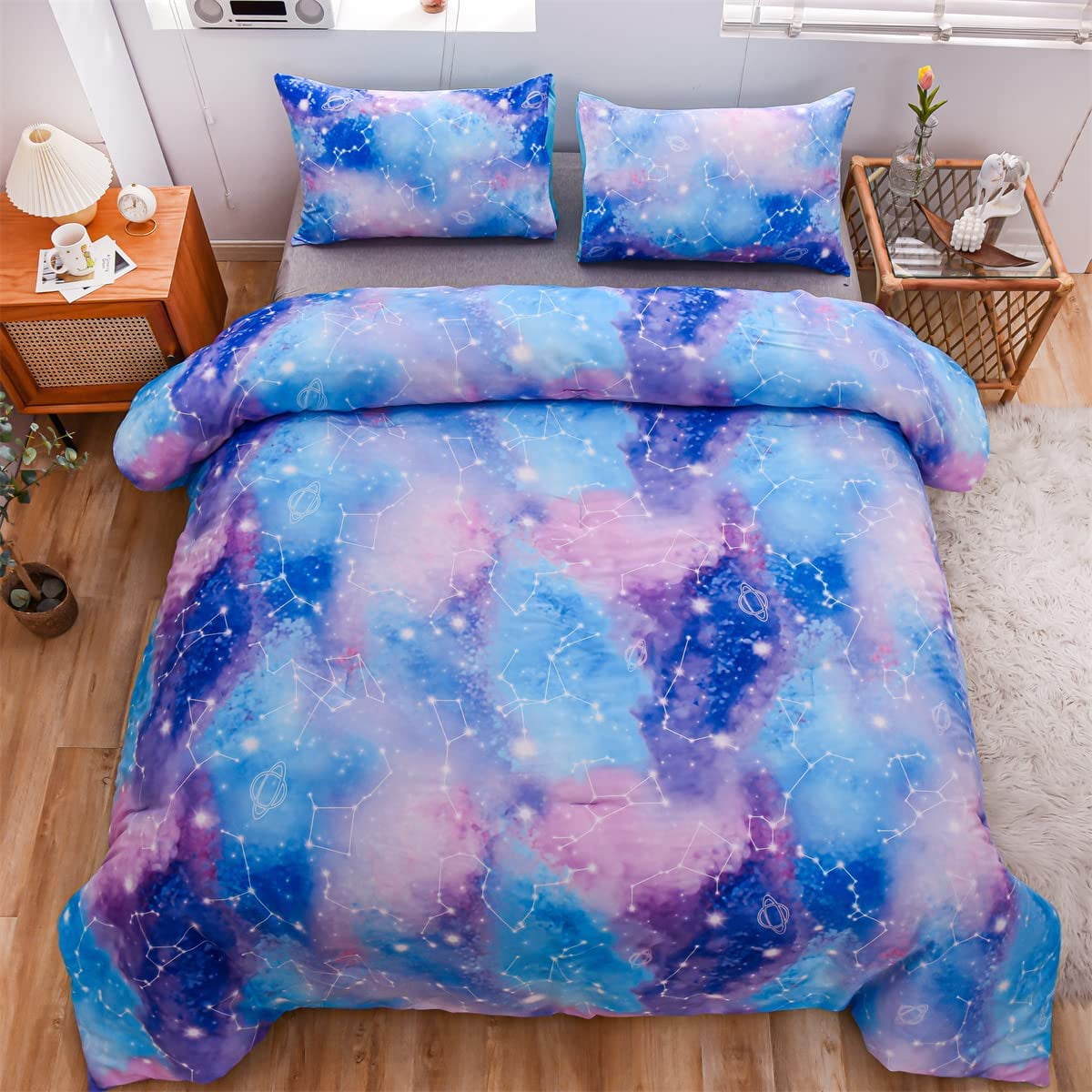 Heavyweight Warmth Tie Dye Constellation Ombre Comforter Set Twin Gradient Galaxy Bedding Set Blue Purple - Hypoallergenic Ultra-Fluffy Quilt for Winter Detail