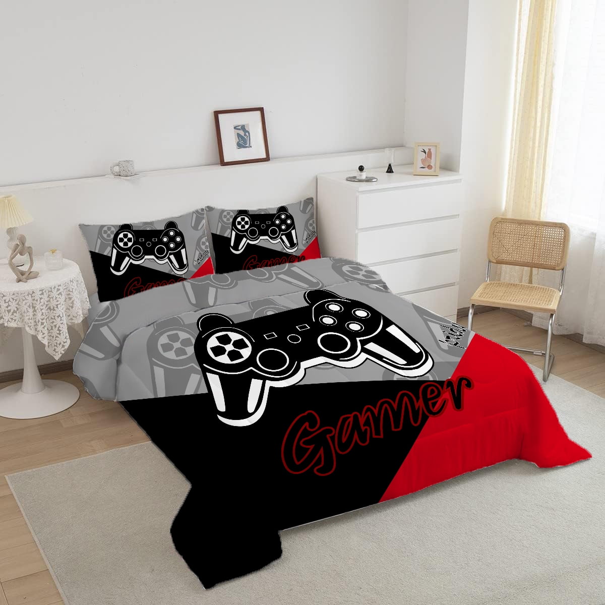 All-Season Gaming Comforter for Kids Boys Teens Video Game Bedding Set Gamer Comforter Gamepad Comforter Set Full Size Red Black... - Cloud-Like Soft Lightweight Bed Comforter Detail