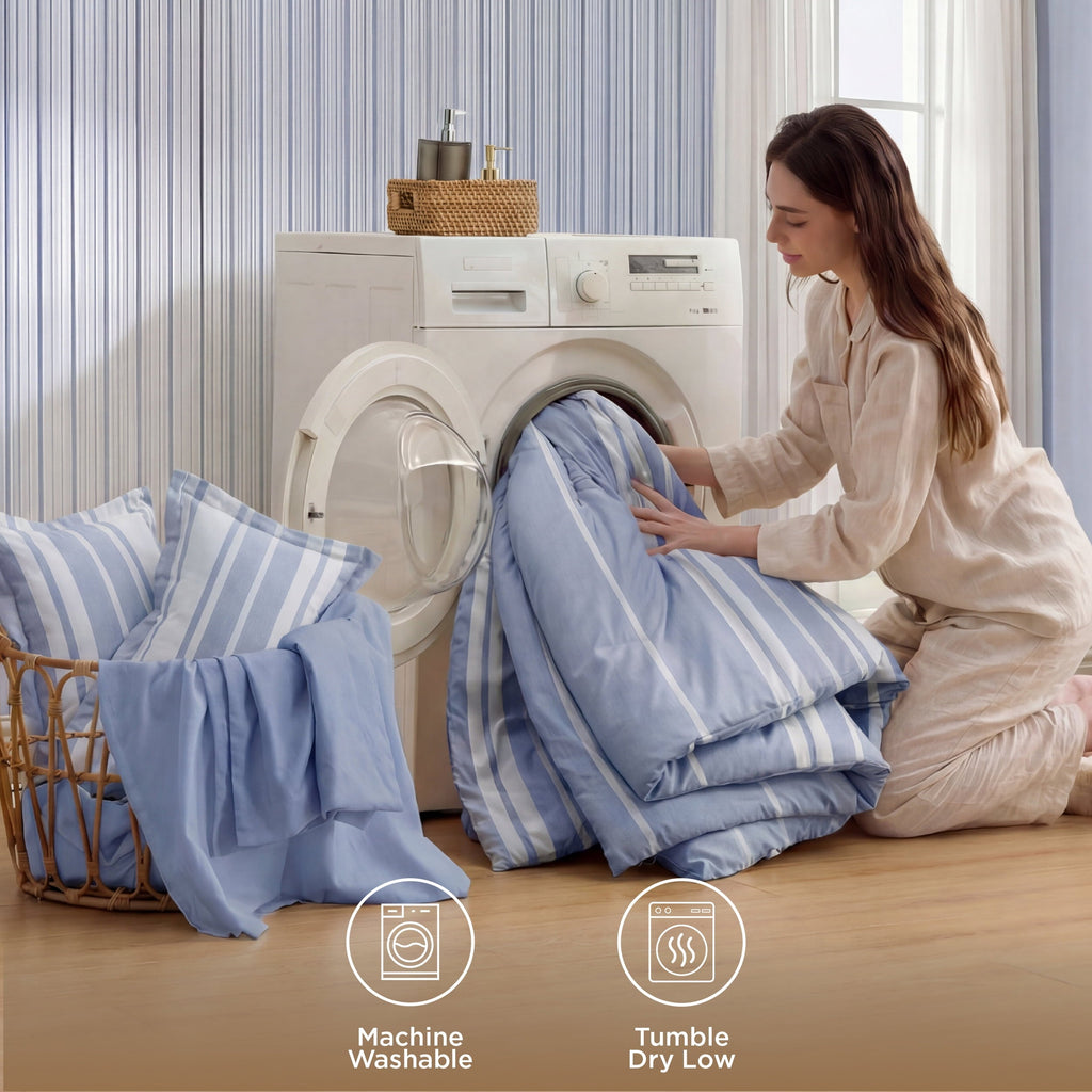 Luxurious Quilted Queen Comforter Set Blue, Bed in a Bag Queen Size Bedding 7-Pieces, Striped Bedding Set for All Seasons - Luxurious Quilted Duvet Cover Set Detail