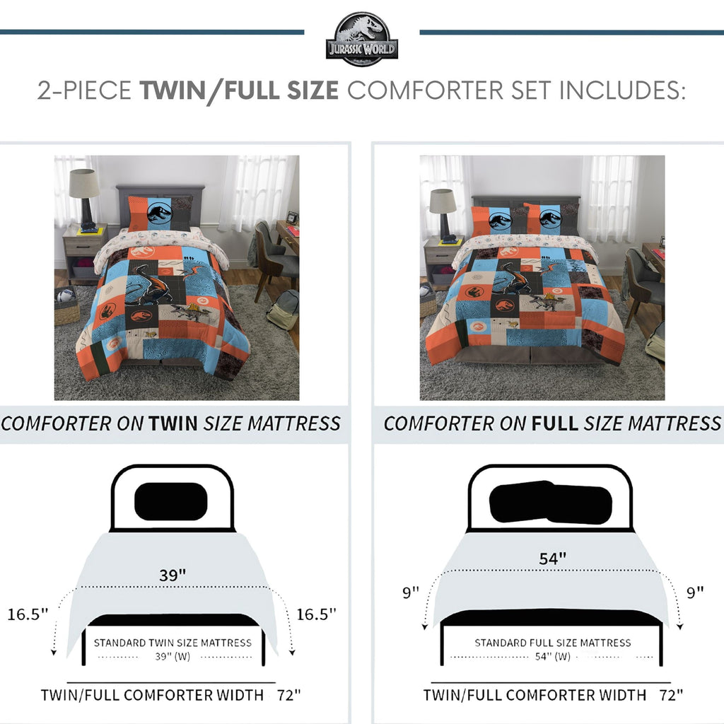 Luxurious Quilted Kids 2 Piece Blue Orange Reversible Dinosaur Comforter and Pillowcase set, Twin/full - Cloud-Like Soft Lightweight Bed Comforter Detail