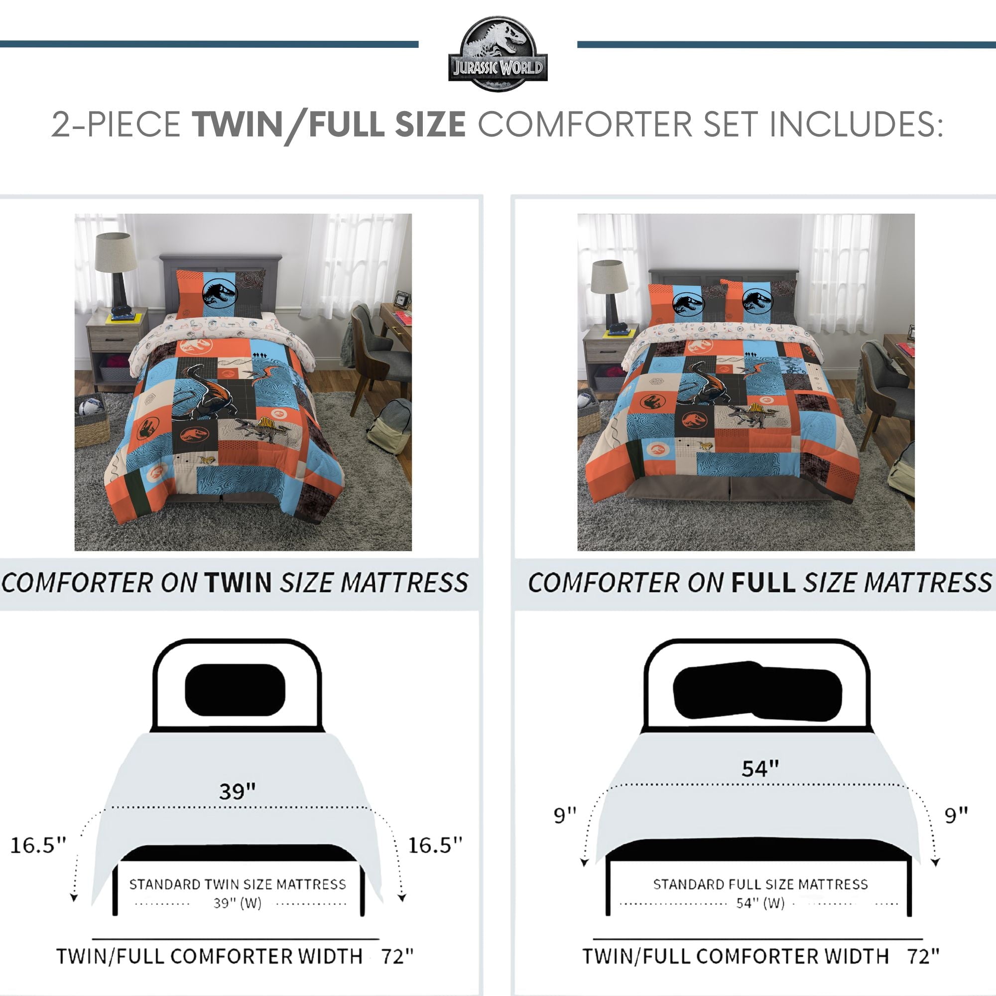 Luxurious Quilted Kids 2 Piece Blue Orange Reversible Dinosaur Comforter and Pillowcase set, Twin/full - Cloud-Like Soft Lightweight Bed Comforter Detail