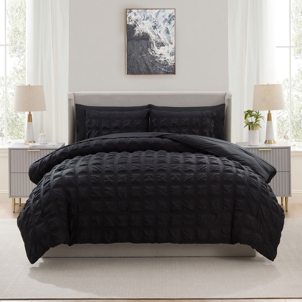 All-Season Queen Comforter Set, Seersucker Queen Size Comforter Set, 7-Pc All Season Bedding Comforter Set, Black - Hypoallergenic Ultra-Fluffy Quilt for Winter Detail