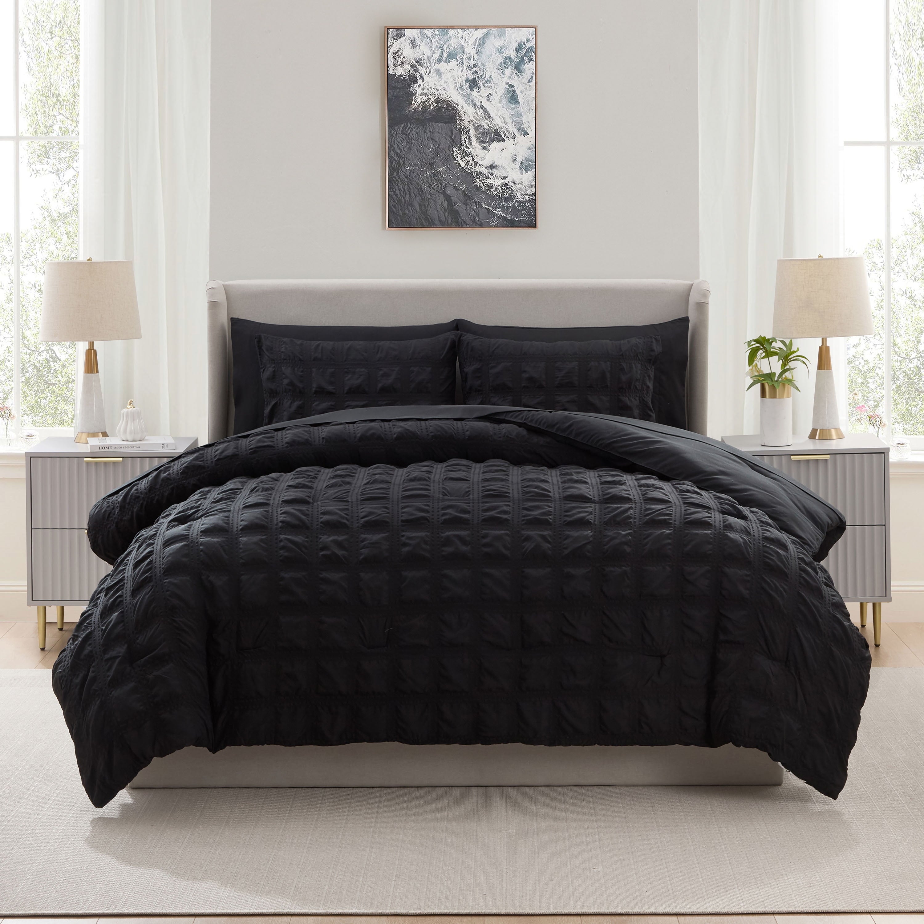 All-Season Queen Comforter Set, Seersucker Queen Size Comforter Set, 7-Pc All Season Bedding Comforter Set, Black - Hypoallergenic Ultra-Fluffy Quilt for Winter Detail
