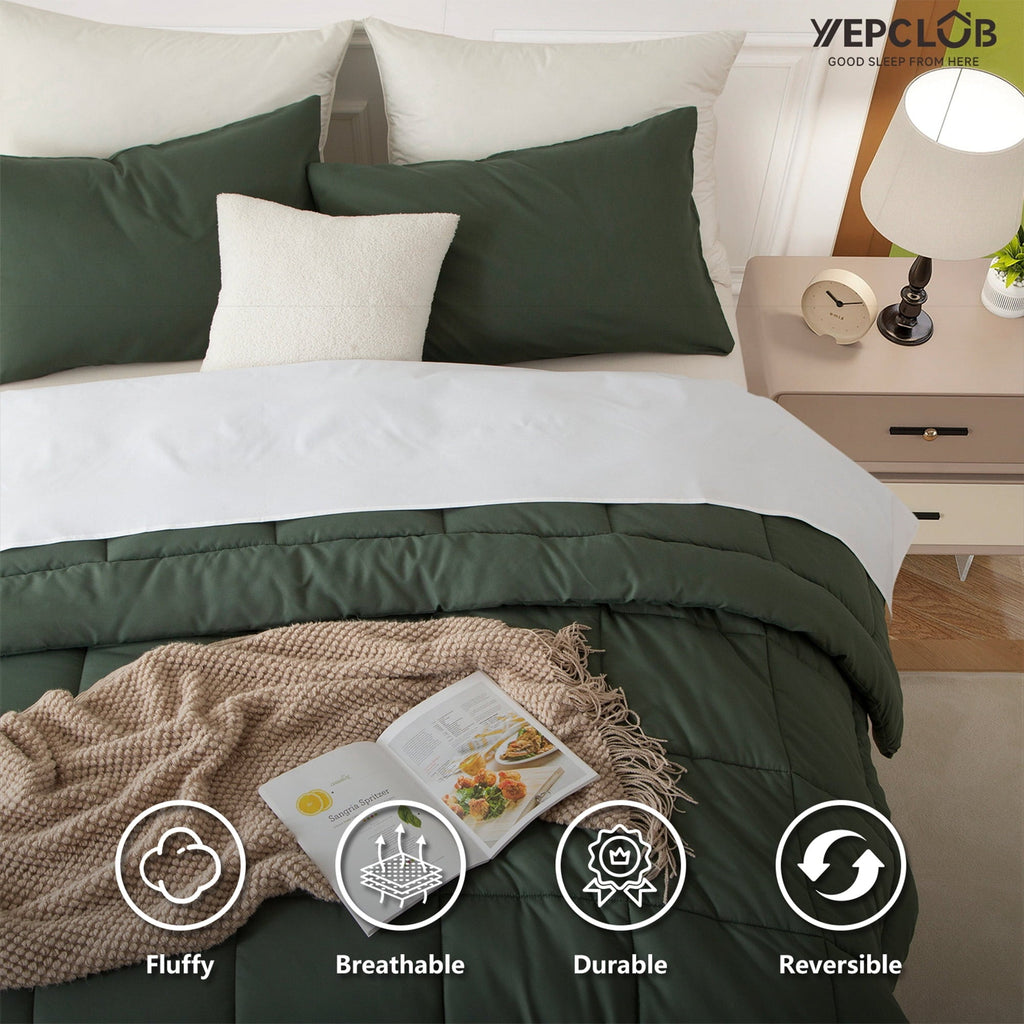 Fluffy Down Alternative 3-Piece Twin Size Comforter Set, Green Down Alternative Reversible Bedding Set, All-Season Quilted Soft Comforter wit... - Cloud-Like Soft Lightweight Bed Comforter Detail