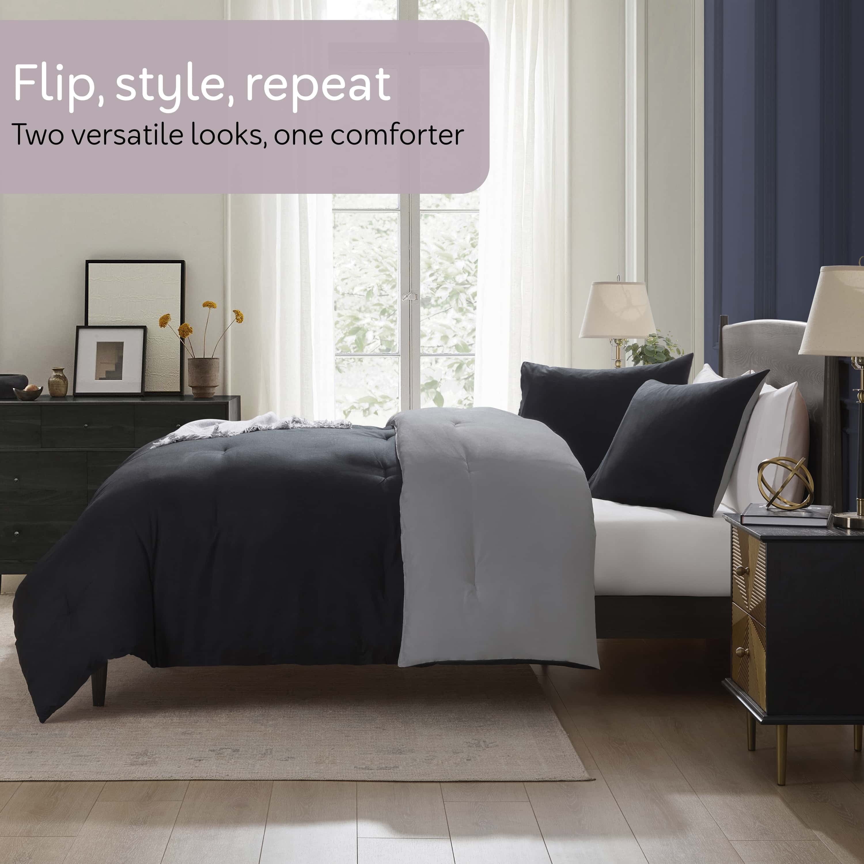 Heavyweight Warmth Comforter Sets, All Season Lightweight Reversible Queen Comforter Set, 3-Pc Bedding Sets, Black/Charcoal gray - All-Season Down Alternative Comforter Insert Detail