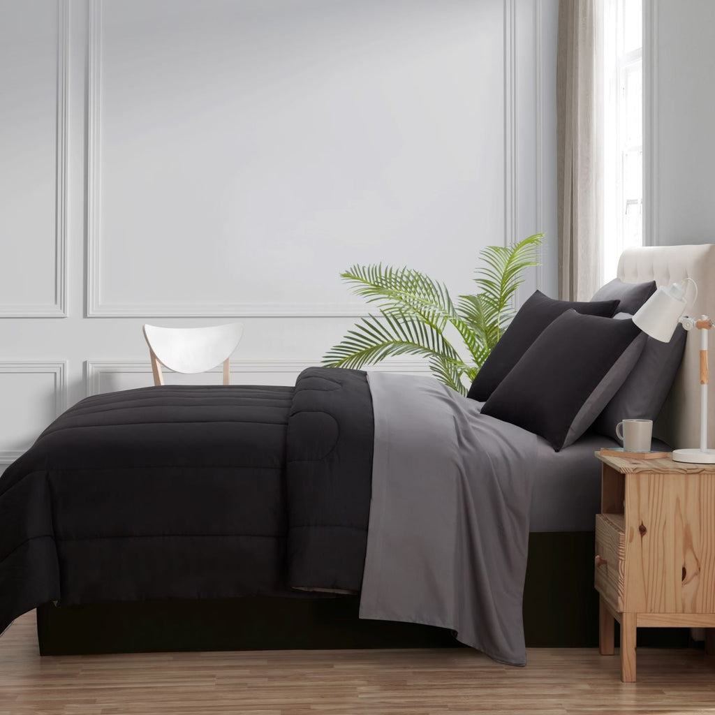 Heavyweight Warmth 7 Piece Reversible Bed in a Bag Comforter Set with Sheets, Black, King - Hypoallergenic Ultra-Fluffy Quilt for Winter Detail