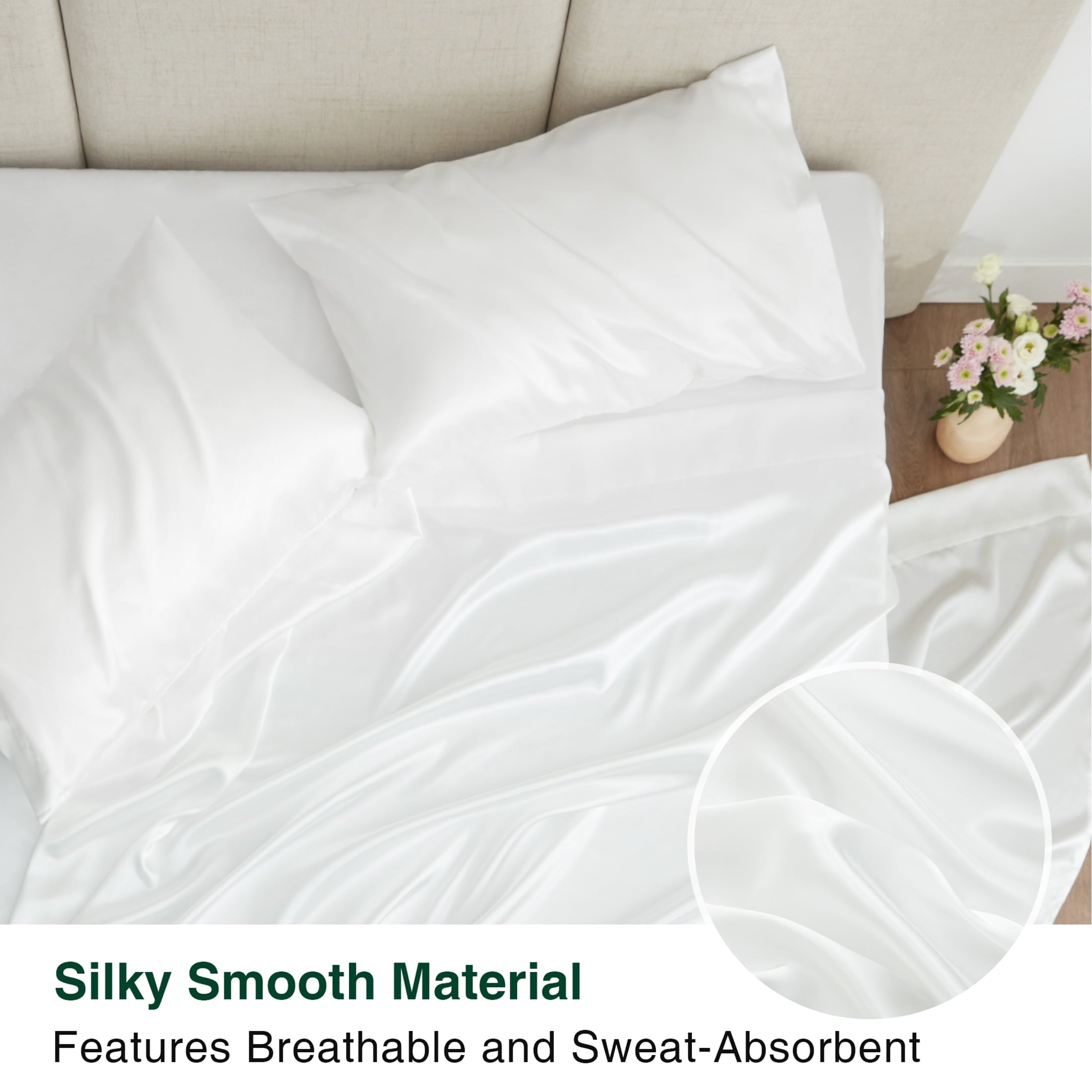 Ultra-Soft Satin Sheets Full Sheet Set Deep Pocket Luxury Silky Bed Sheets for Hair and Skin 4 Pieces, White - Premium Ultra-Soft Pillowcase Pair for Sleeping Detail