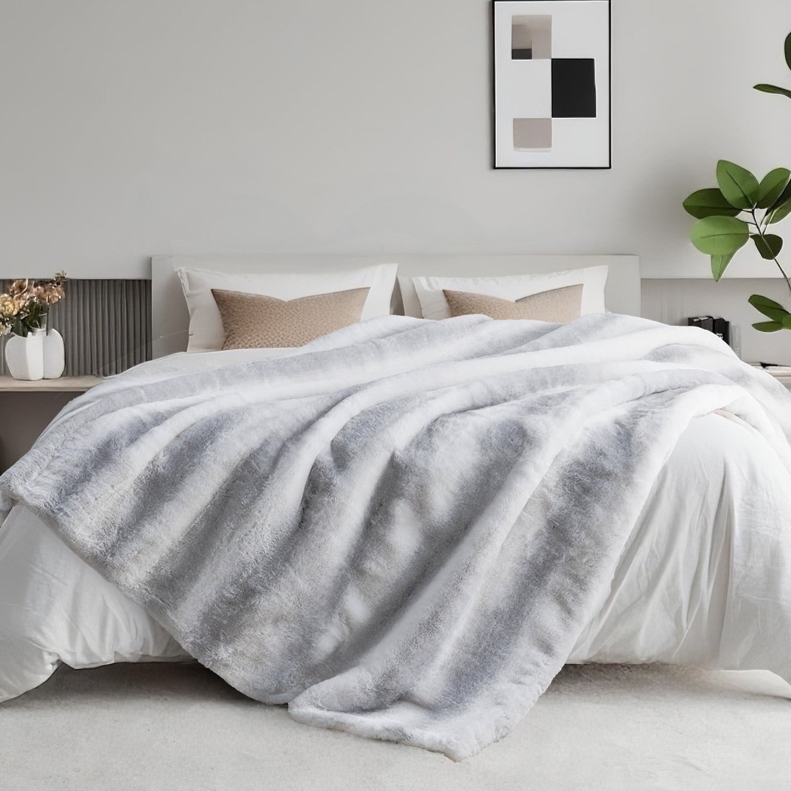 Reversible Sherpa Luxury Faux Fur Throw Blanket for Bed Super Thick Warm Fuzzy Blankets for Bedroom Living Room, 60" x 80", White - Luxury Knitted Decorative Throw Blanket with Fringes Detail