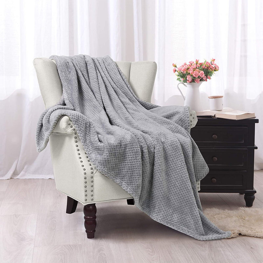 Cozy Fleece Waffle Textured Extra Large Fleece Blanket, Super Soft and Warm Throw Blanket for Couch, Sofa and Bed (Light Grey, 50... - Luxury Knitted Decorative Throw Blanket with Fringes Detail