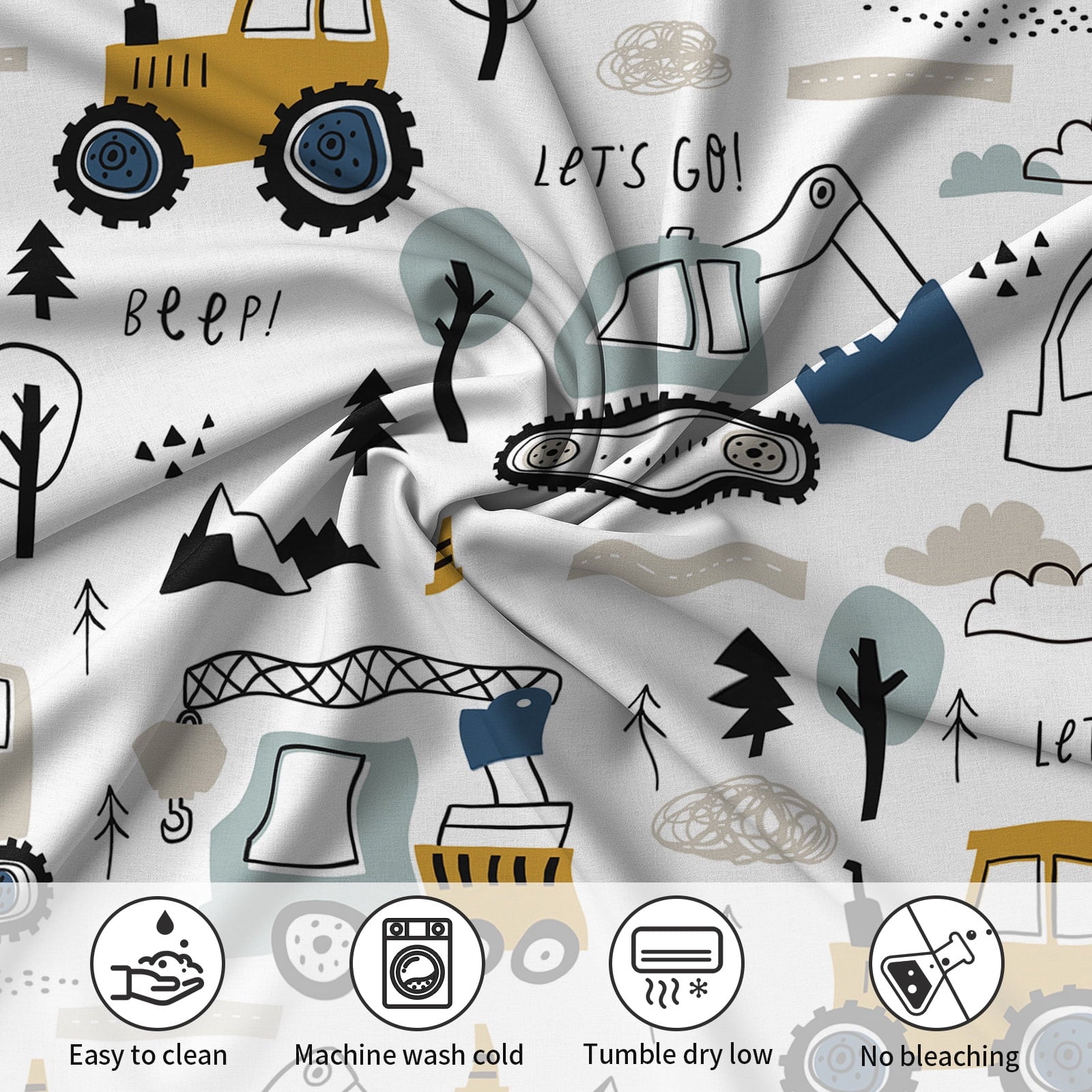 Cooling Sateen Cartoon Excavator Sheet Set for Kids Boys Truck Construction Bedding Set Engineering Vehicle Bed Sheet Sets with 1 Fi... - Cooling Hotel Quality Bedding Sheets and Pillowcases Detail