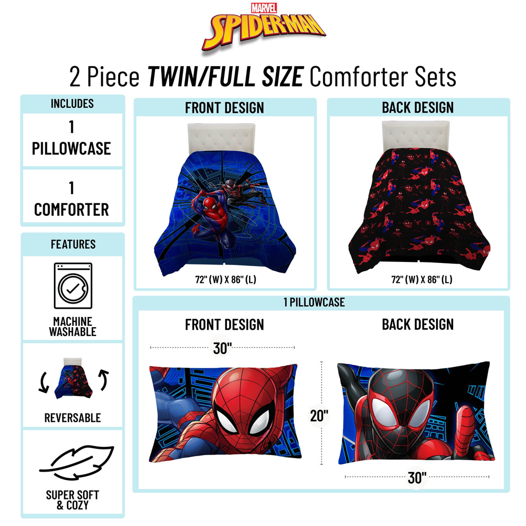 All-Season Spiderman Techno City Kids 2 Piece Blue Reversible Comforter and Pillowcase Set, Twin/Full - Luxurious Quilted Duvet Cover Set Detail