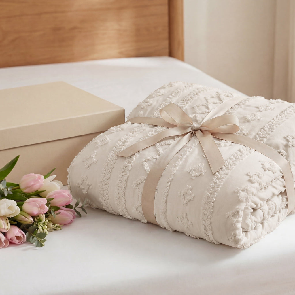 Hypoallergenic Cloud Tufted Boho Comforter Set Queen, Beige, 3 Pieces Farmhouse Shabby Chic Embroidery Bedding Set, Soft Jacquard Comforte... - Cloud-Like Soft Lightweight Bed Comforter Detail