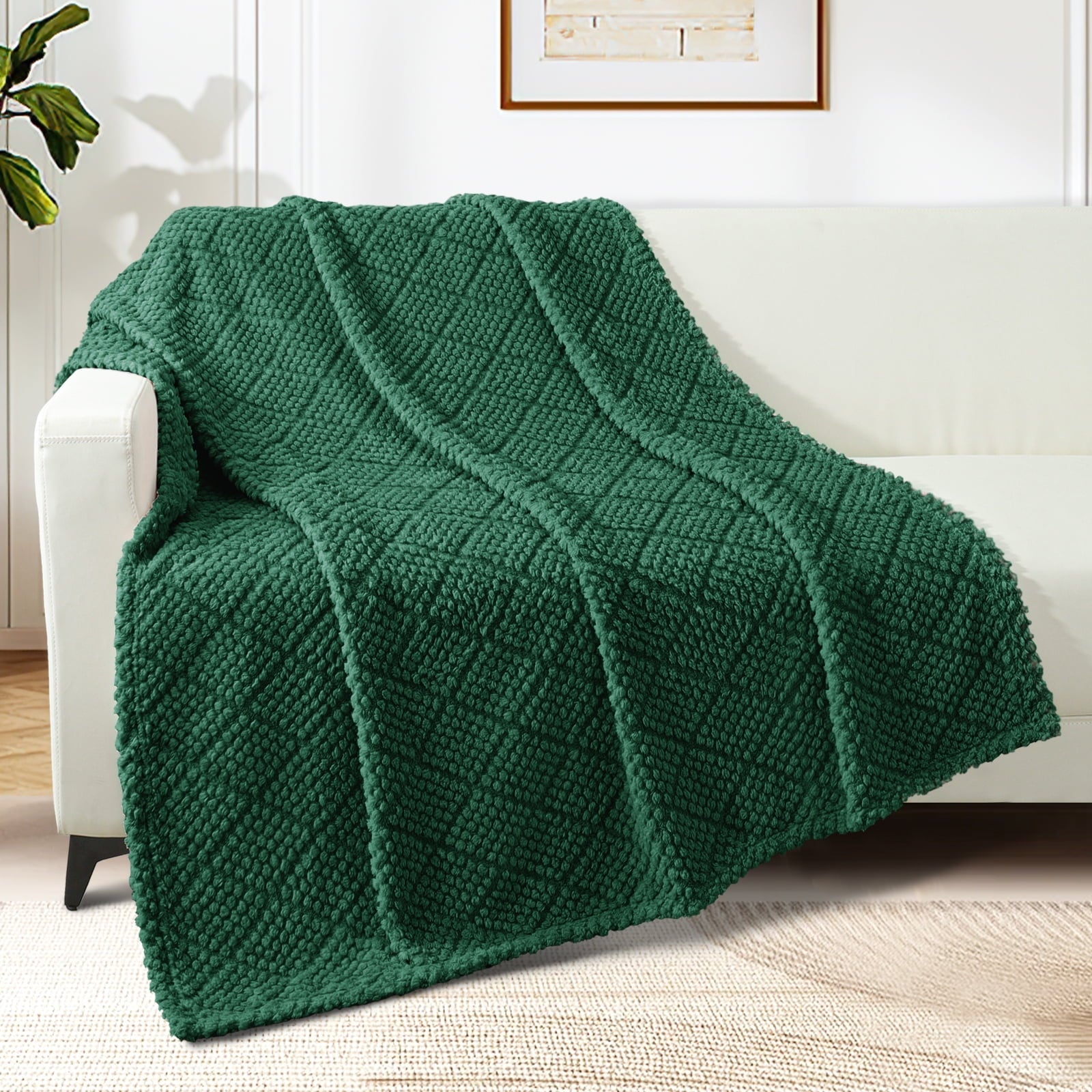 Decorative Knitted Fuzzy Fleece Throw Blanket for Couch, Bed, Soft Fluffy Jacquard Waffle Blankets for All Season, Lightweight and Warm,... - Super Soft Reversible Sherpa Flannel Blanket Detail