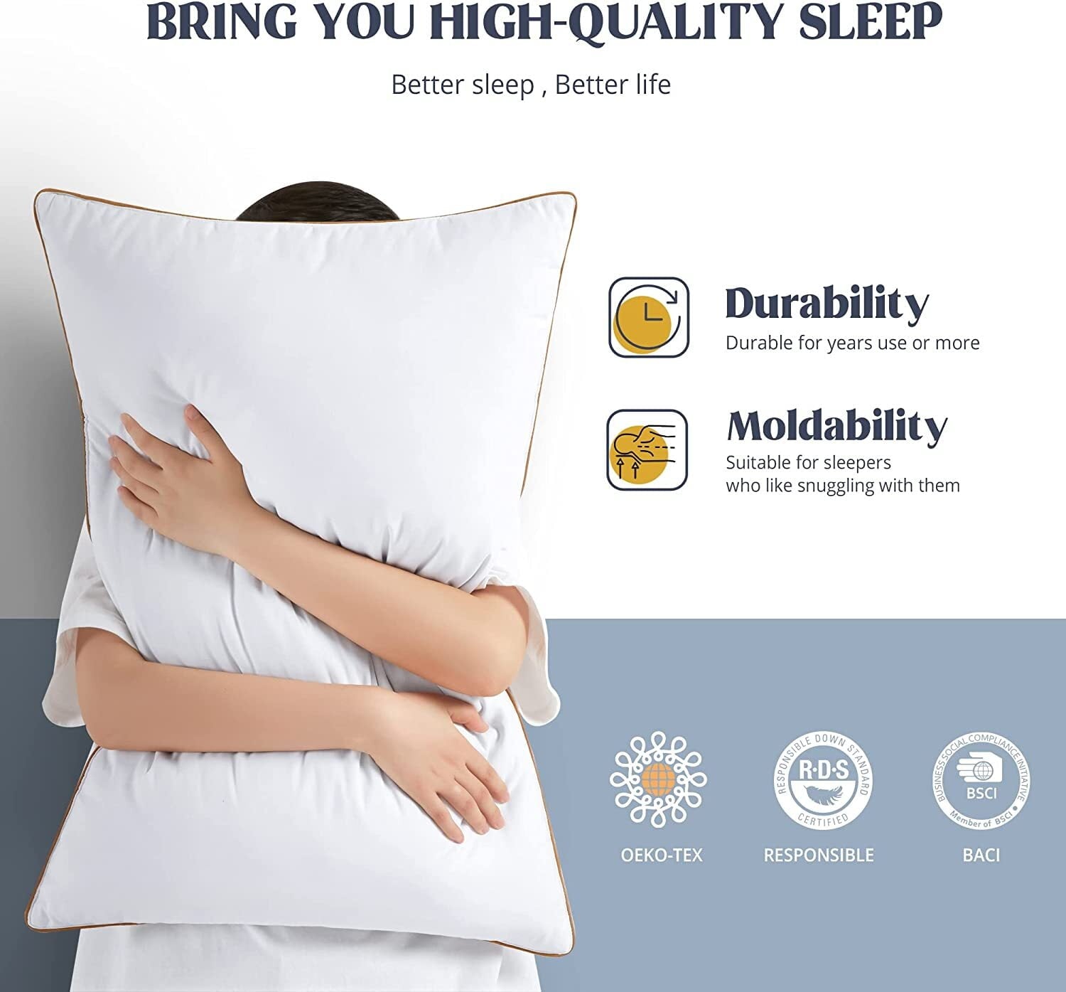 Decorative Plump Down Feather Pillows for Bed 20 x 30 Inches Queen Size Set of 2, Medium Firm Luxury Cooling Hotel Collection Feather ... - Ergonomic Memory Foam Pillow for Neck Pain Support Detail