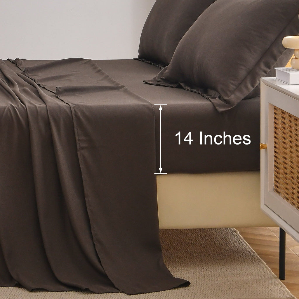 Ultra-Soft Bed Sheets Set 4 Piece Queen/Full Sheet Set Brown Gray Cotton Blend Fitted Sheet, Flat Sheet & 2 Pillowcases Bedding Set - Cooling Hotel Quality Bedding Sheets and Pillowcases Detail