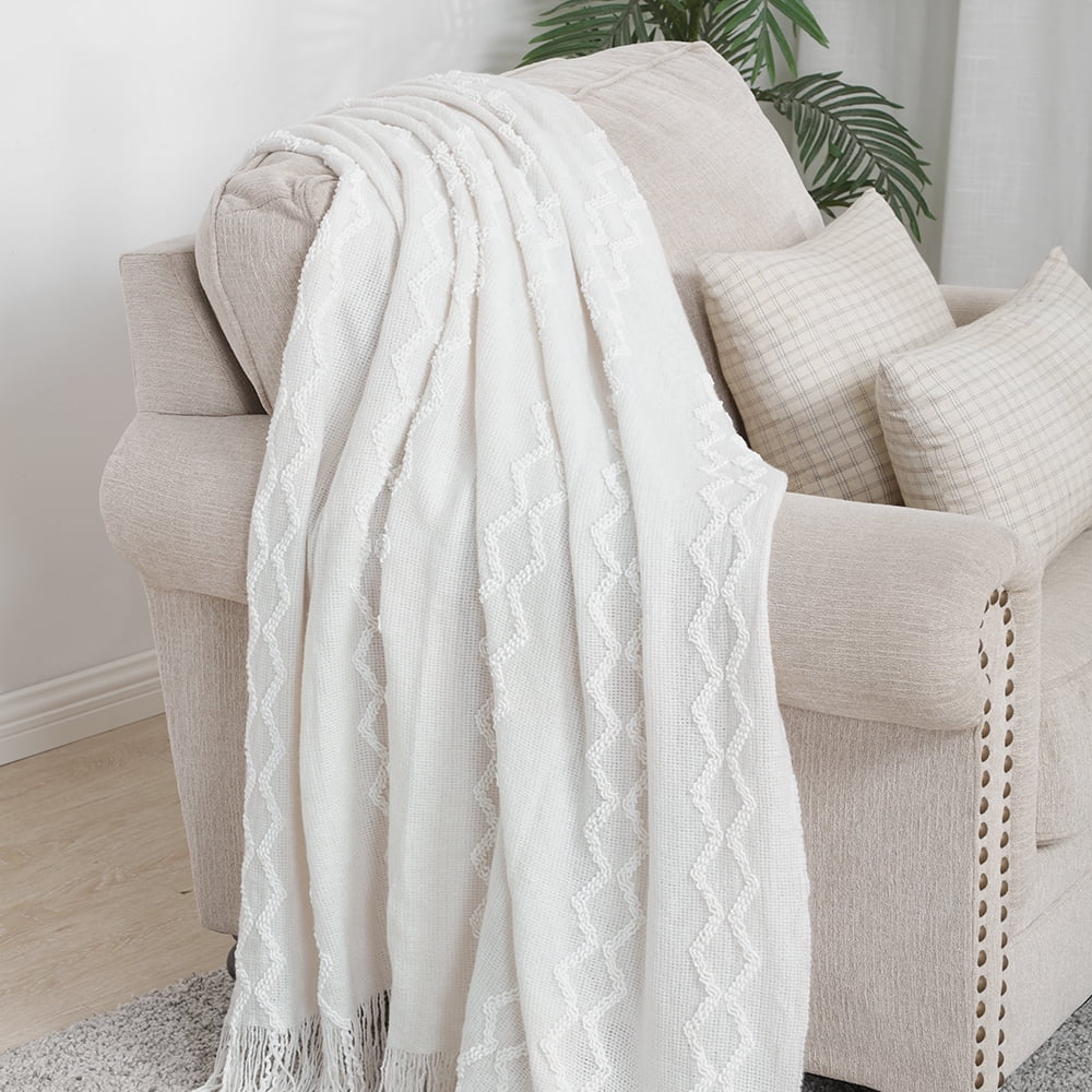 Super Soft Flannel Fluffy Chenille Knitted Fringe Throw Blanket, Lightweight Soft Cozy Bed Sofa Chair Blanket, White, 50" x 60" - Cozy Fleece Throw Blanket for Couch & Bed Detail