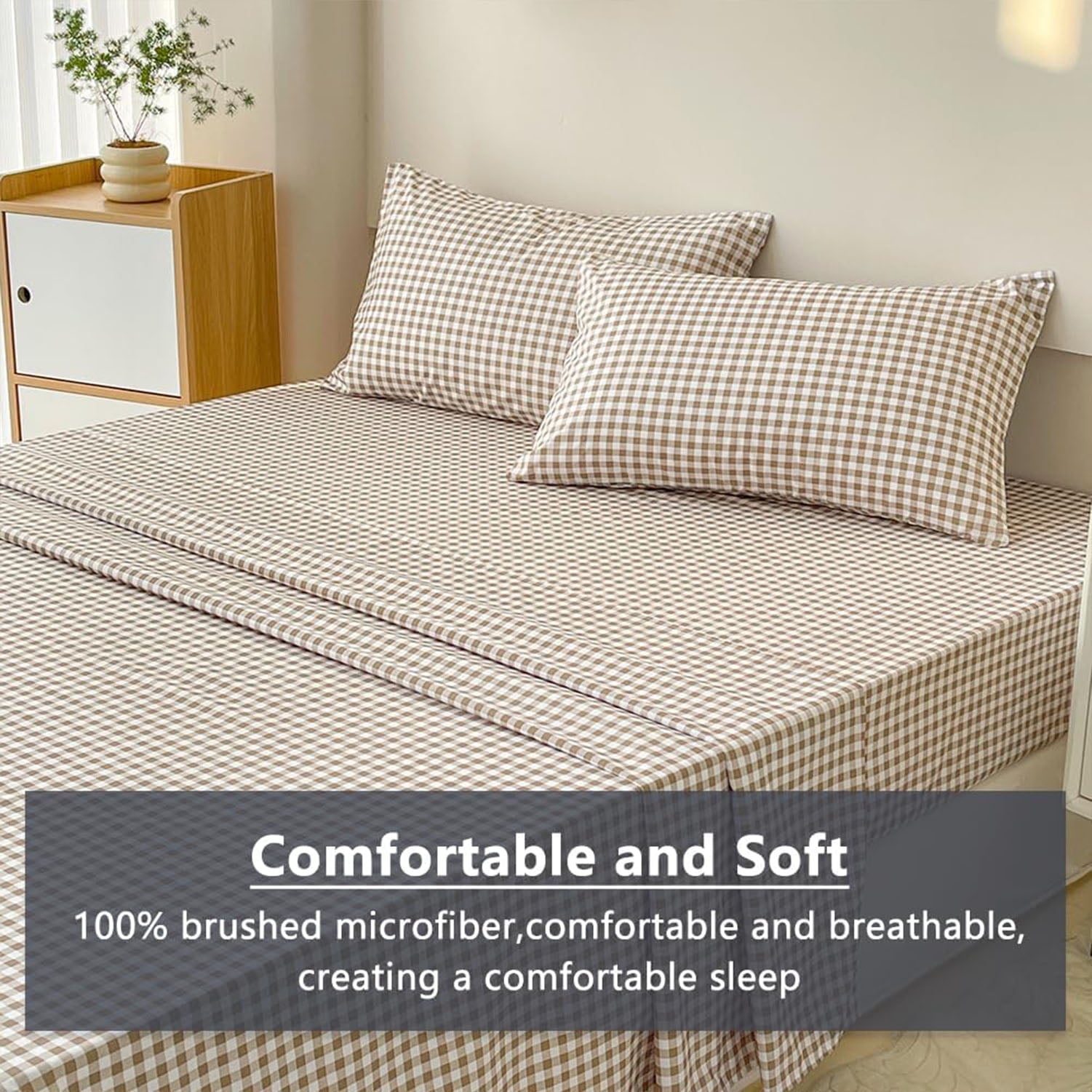 Premium Egyptian Cotton Sheet Set, Soft Brushed Microfiber Taupe Plaid Sheets, 4-Piece Brown Grid Set with Deep Pocket - Premium Ultra-Soft Pillowcase Pair for Sleeping Detail