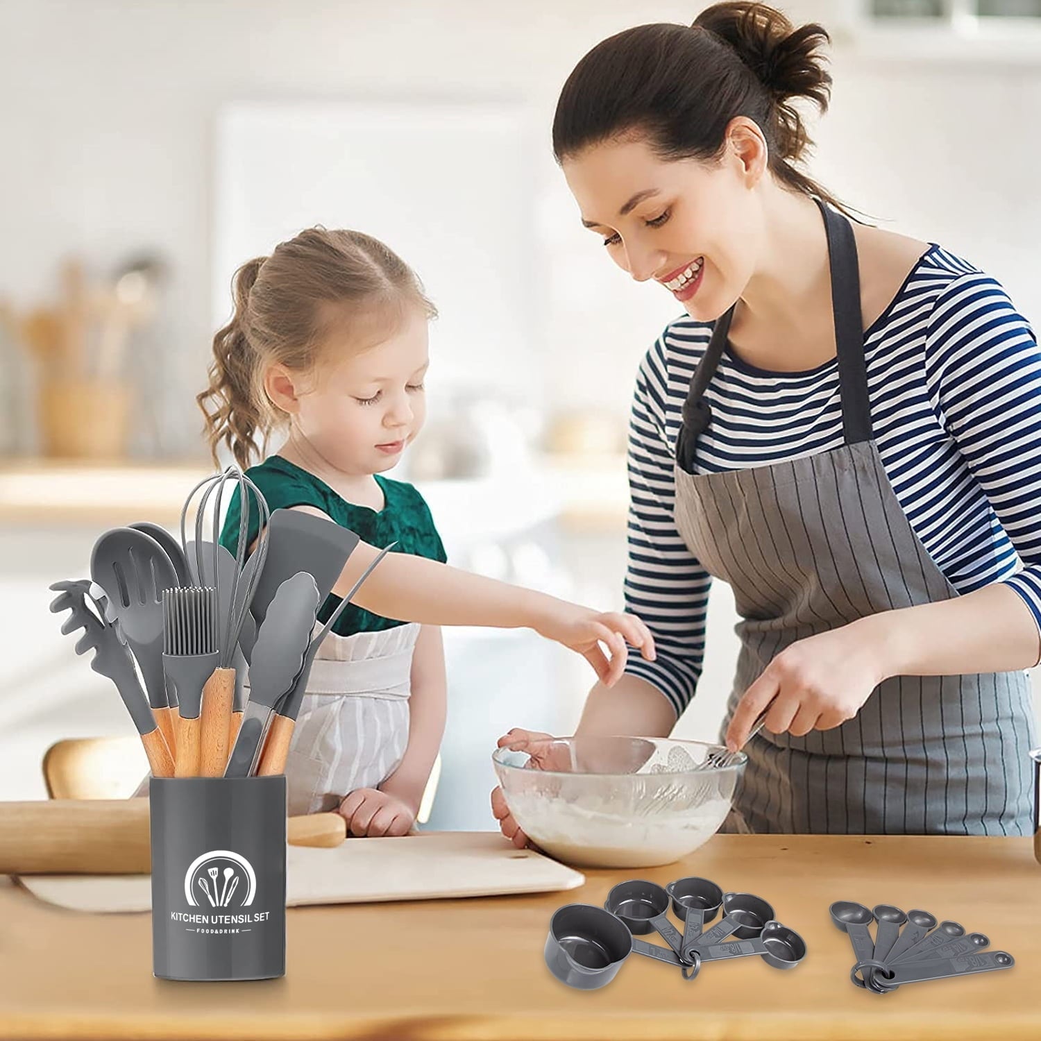 Seamless One-Piece Silicone Cooking Utensils Set, 446°F Heat Resistant Wooden Handle Cooking Kitchen Utensils Spatula Set with Holder fo... - Durable Turner & Ladle Utensil Set for Home Chefs Detail